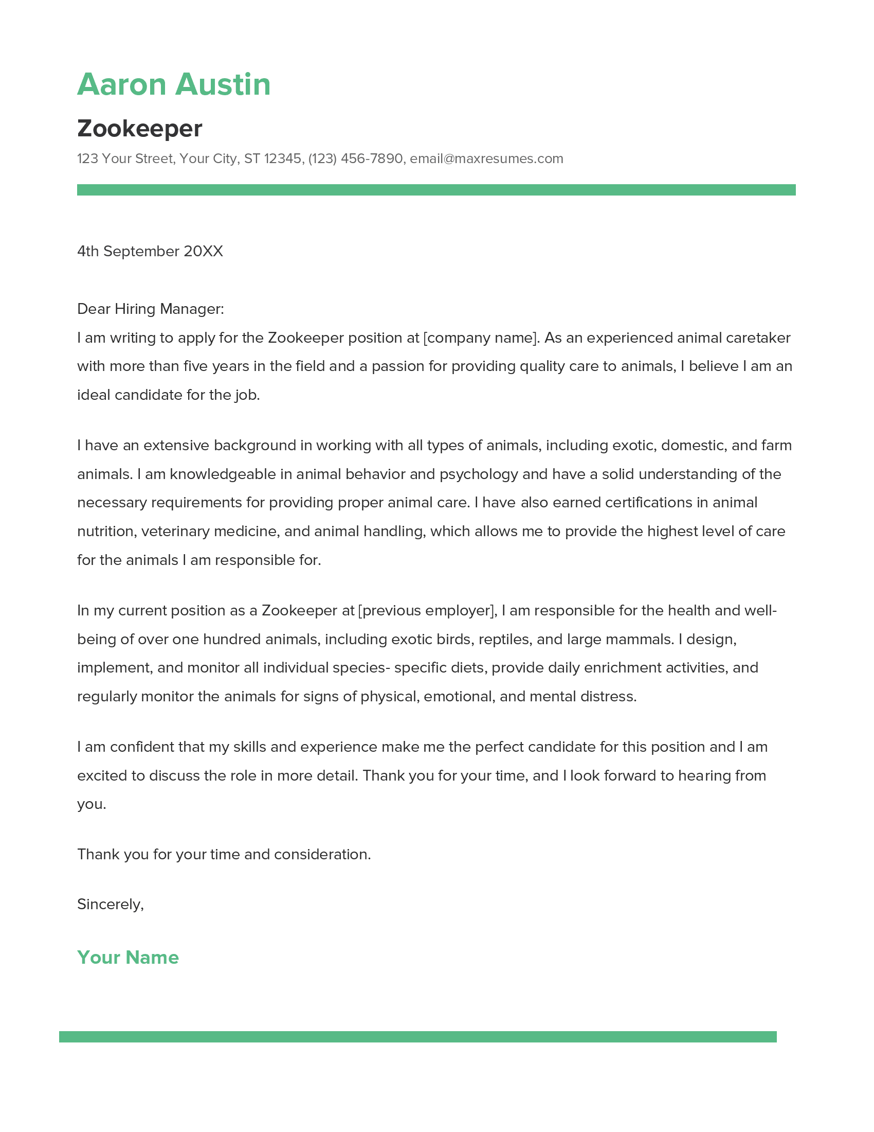 Zookeeper Cover Letter Example