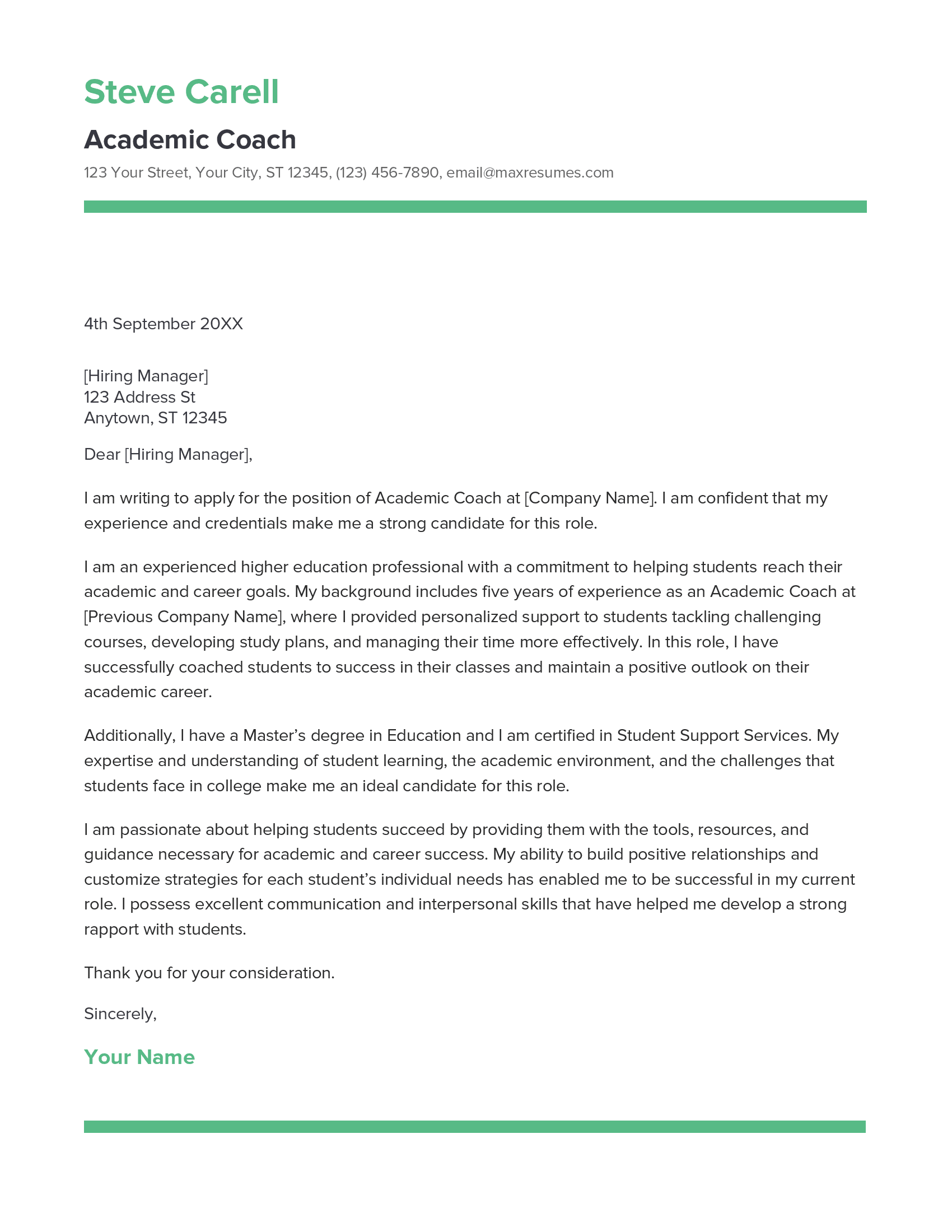 application letter for head coach