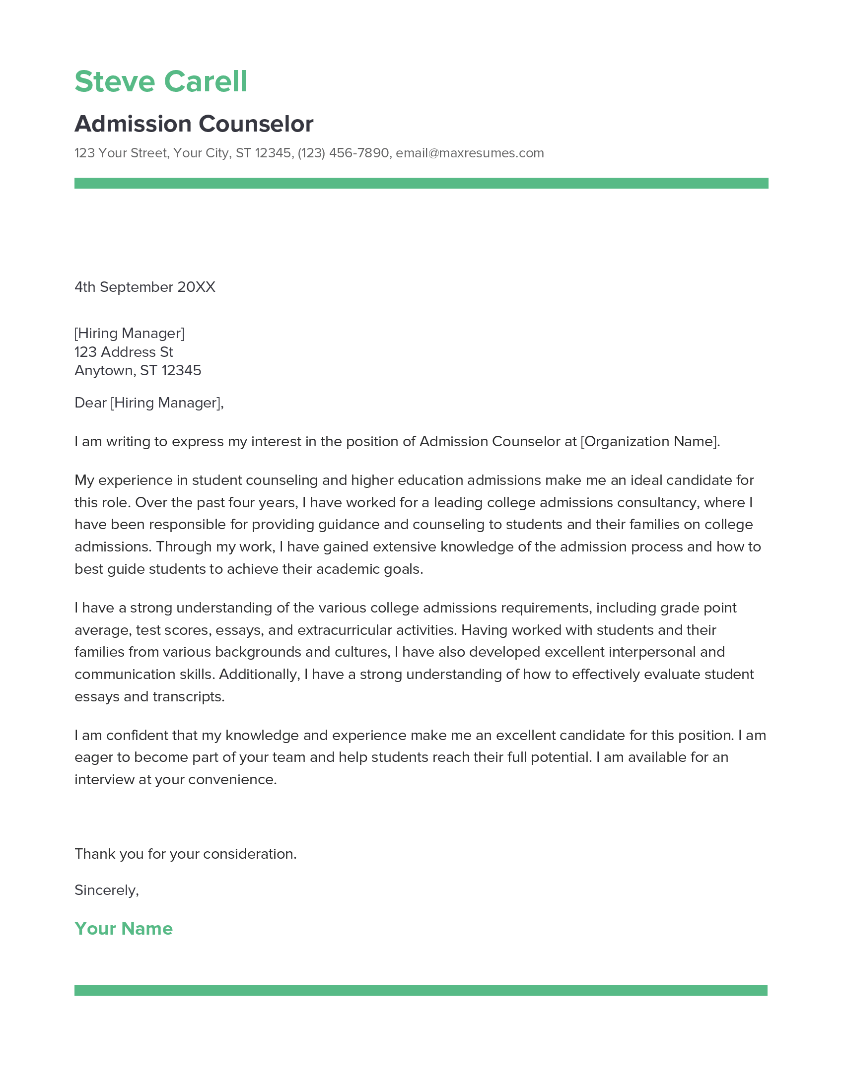 Admission Counselor Cover Letter Example
