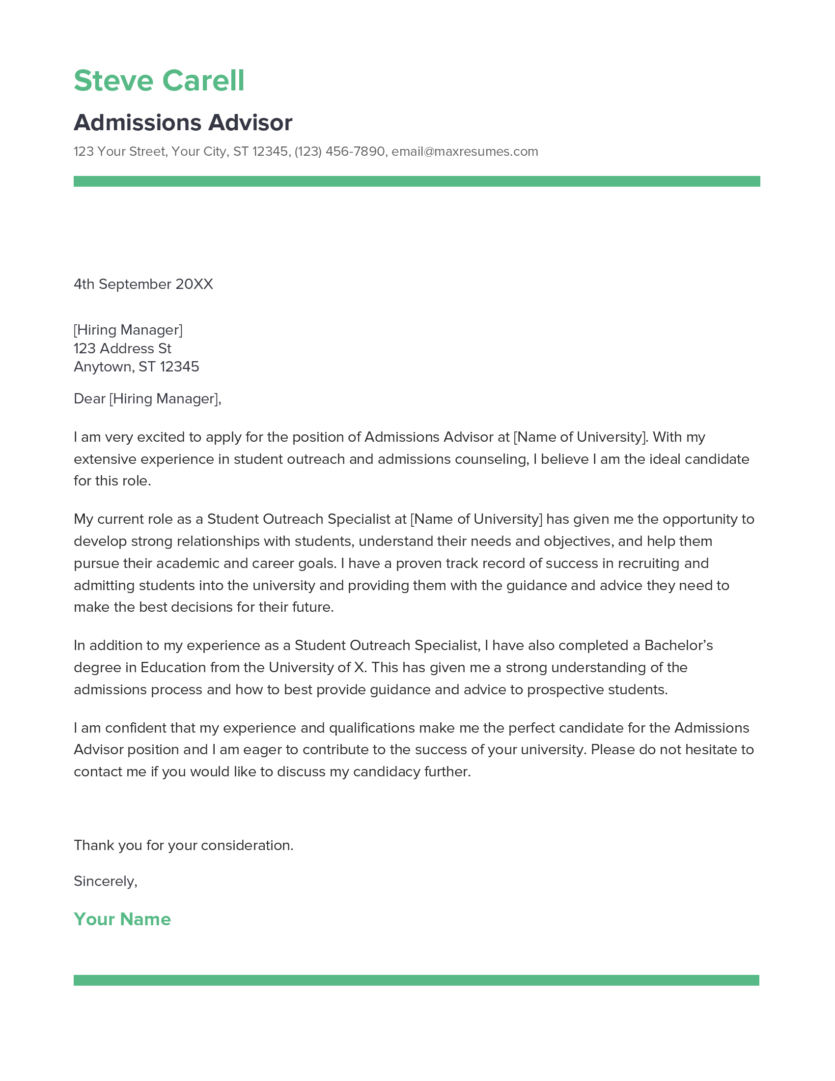 Admissions Advisor Cover Letter Example