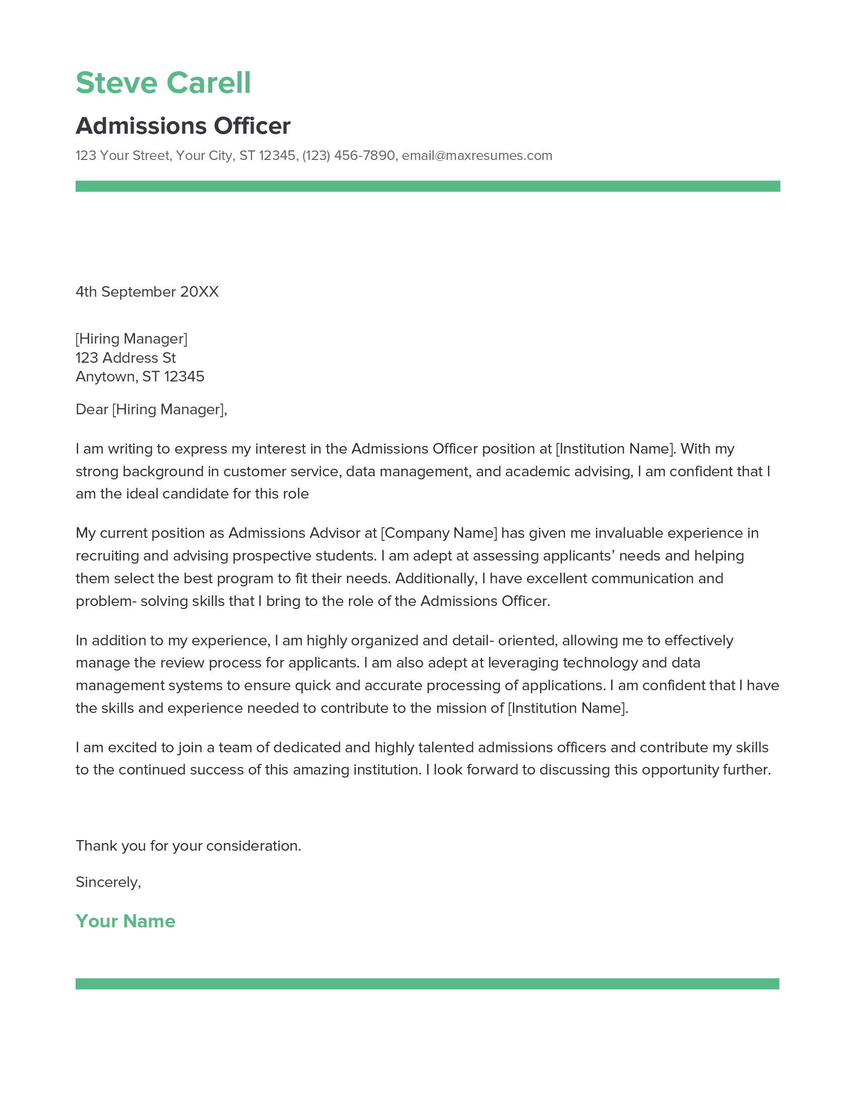 Admissions Officer Cover Letter Example