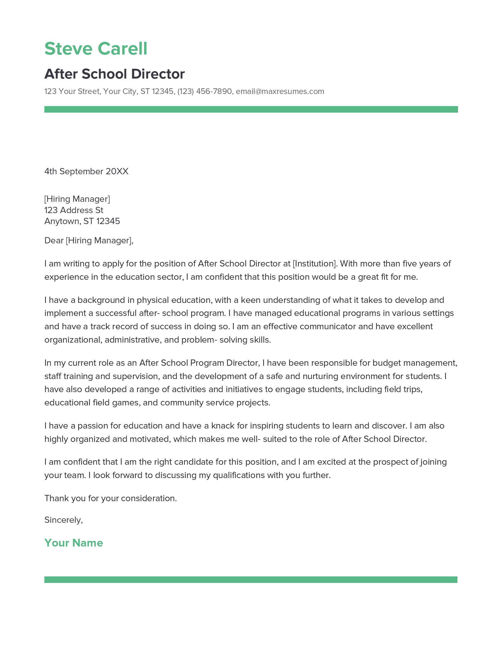After School Director Cover Letter Example
