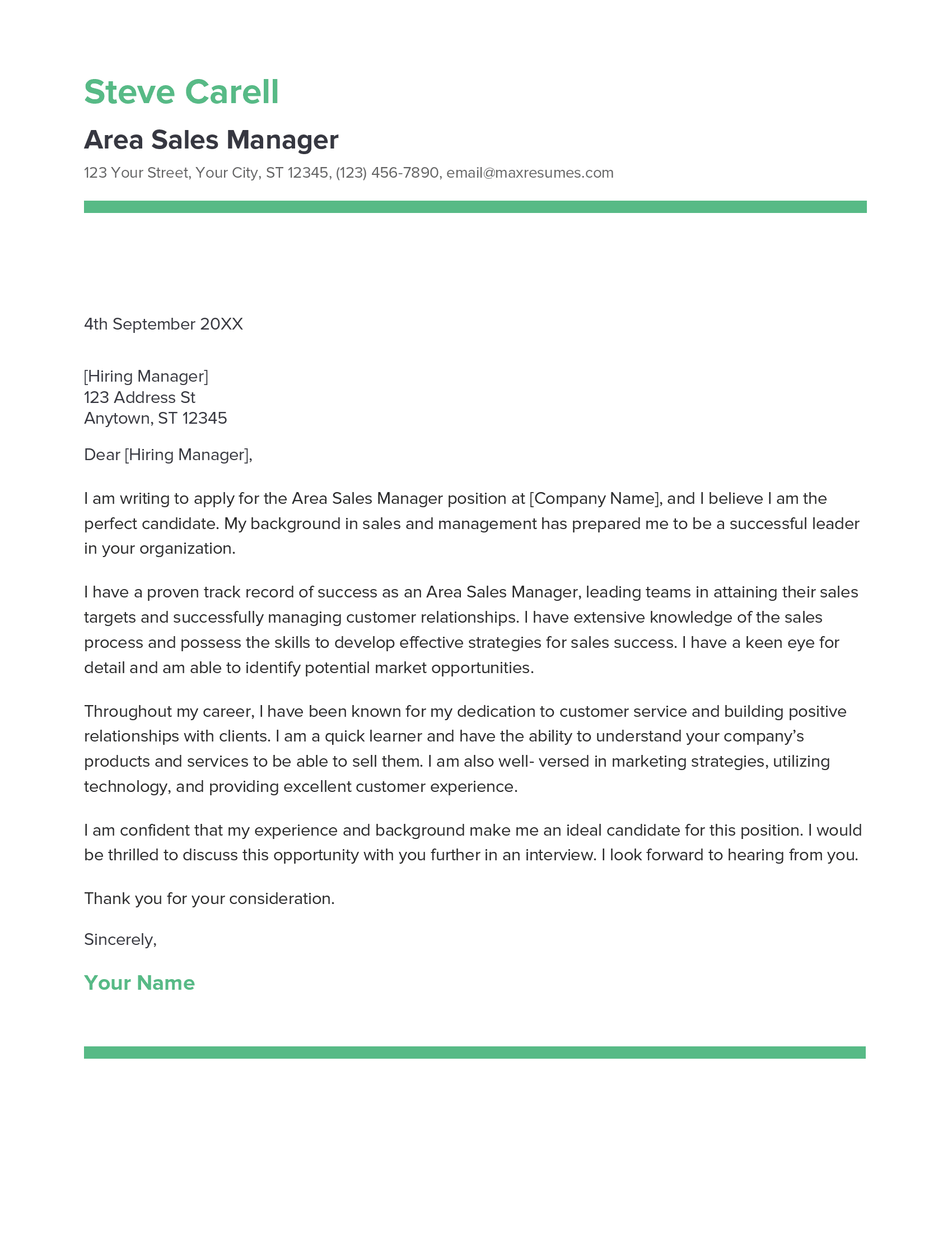 Area Sales Manager Cover Letter Example