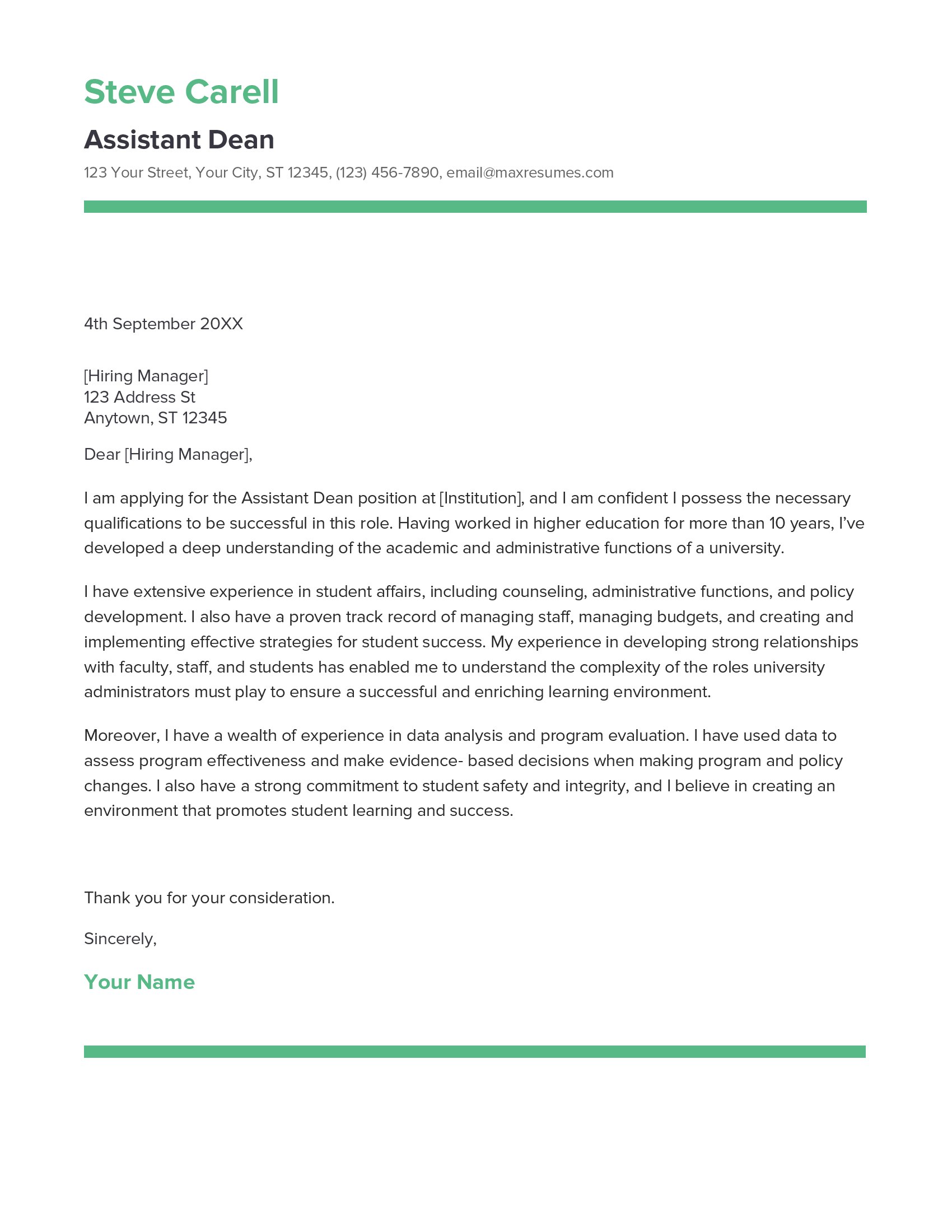 Assistant Dean Cover Letter Example