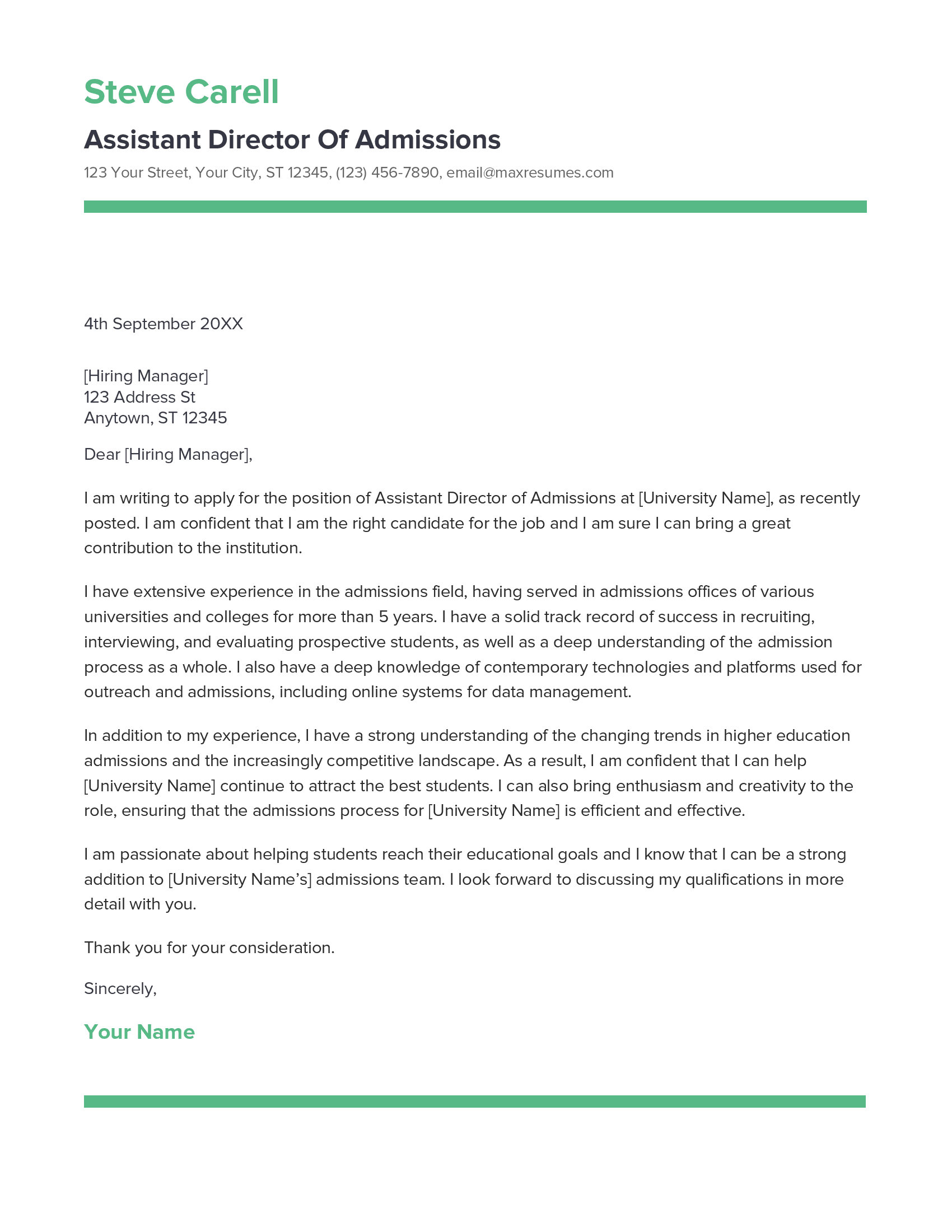 Assistant Director Of Admissions Cover Letter Example