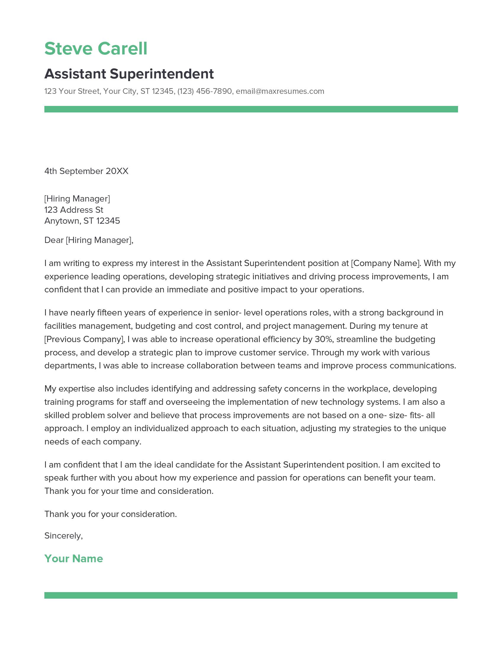 Assistant Superintendent Cover Letter Example