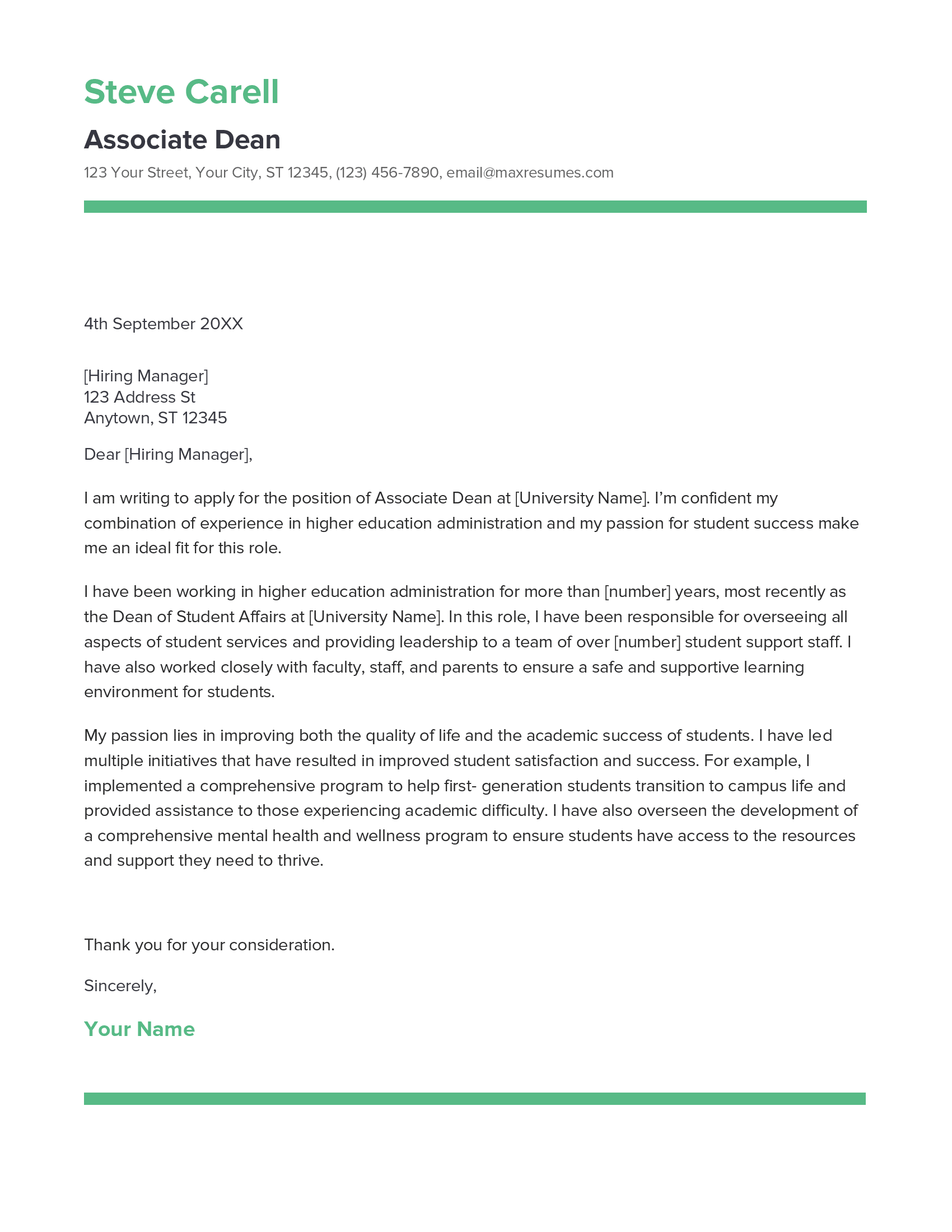 Associate Dean Cover Letter Example