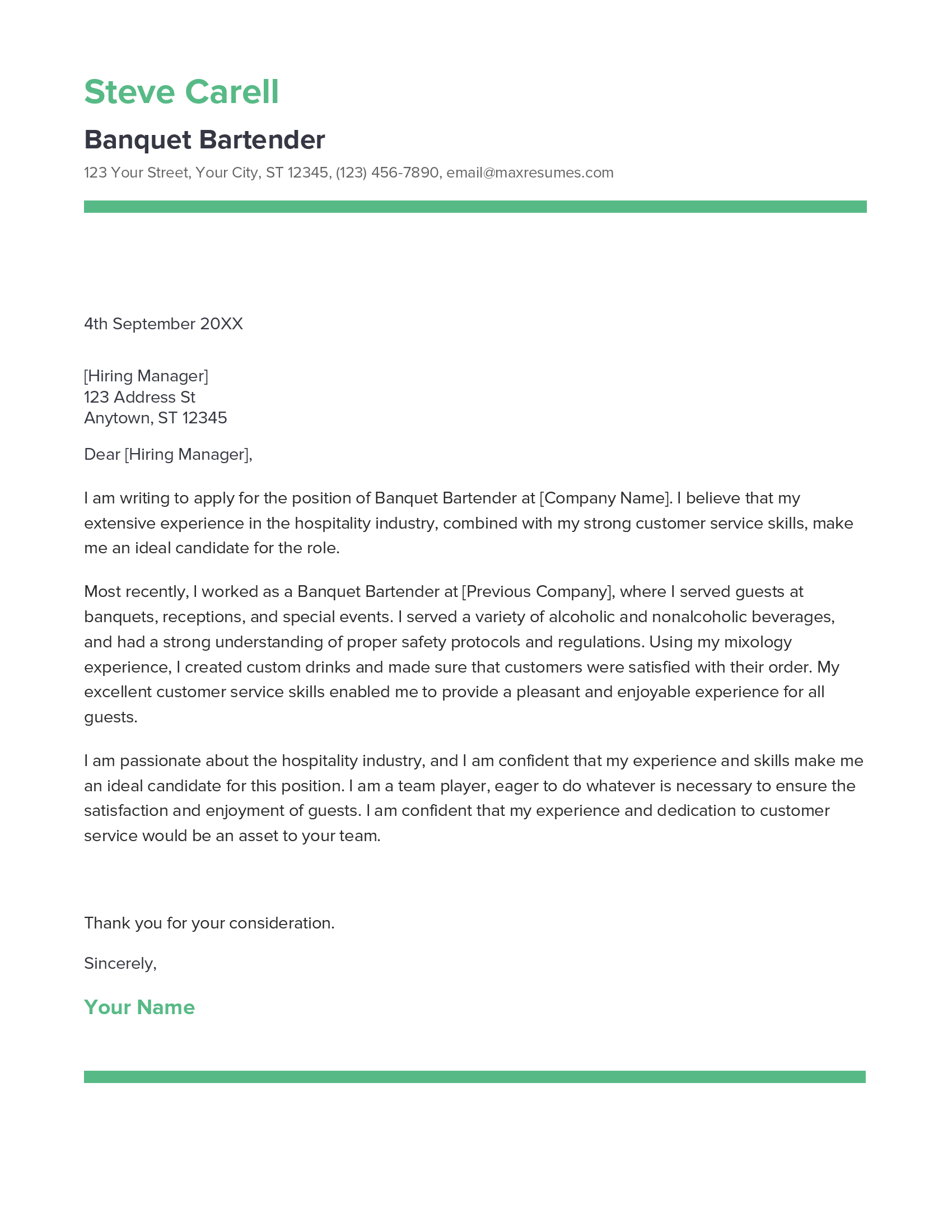 Banquet Bartender Cover Letter Example