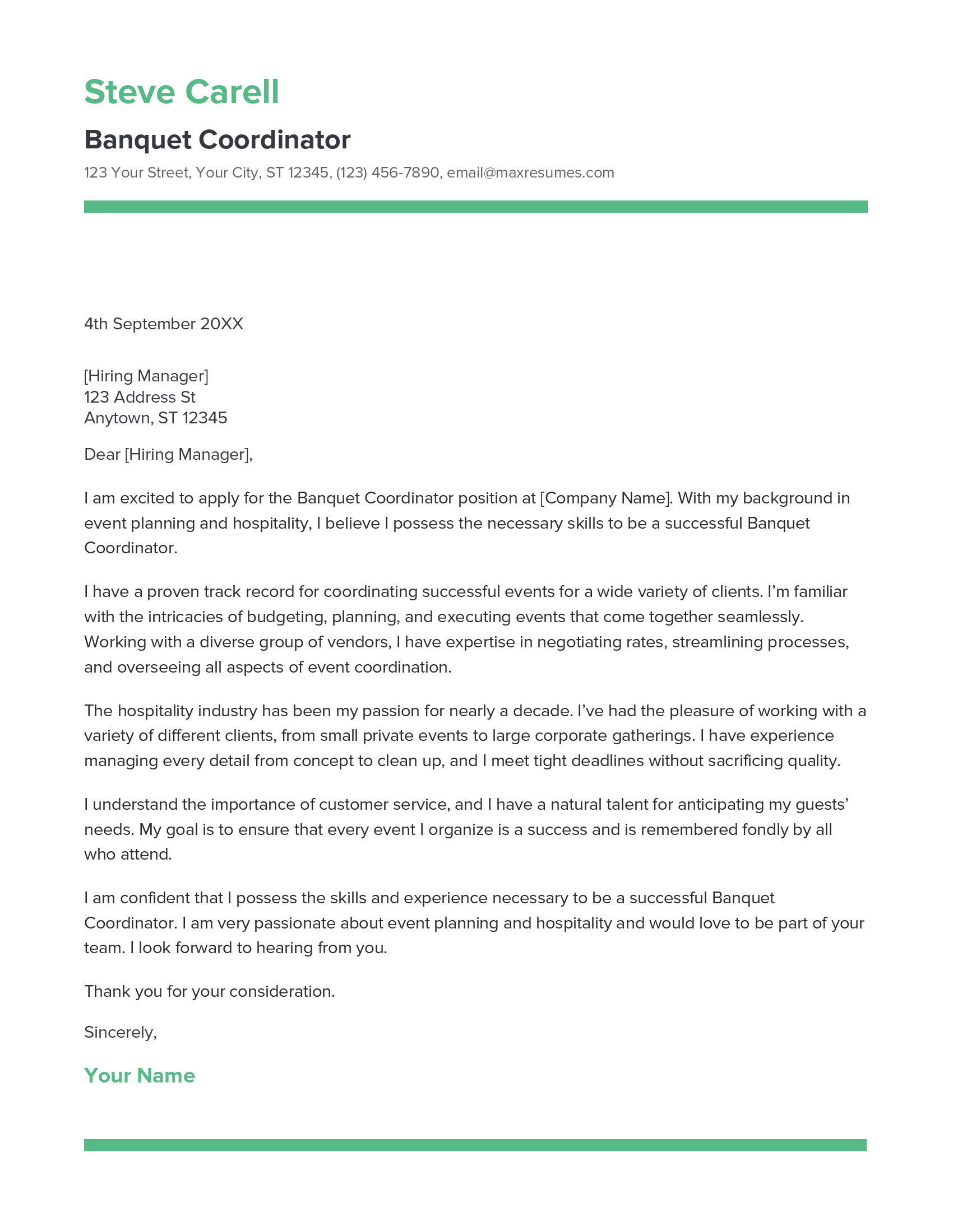 Banquet Coordinator Cover Letter Example