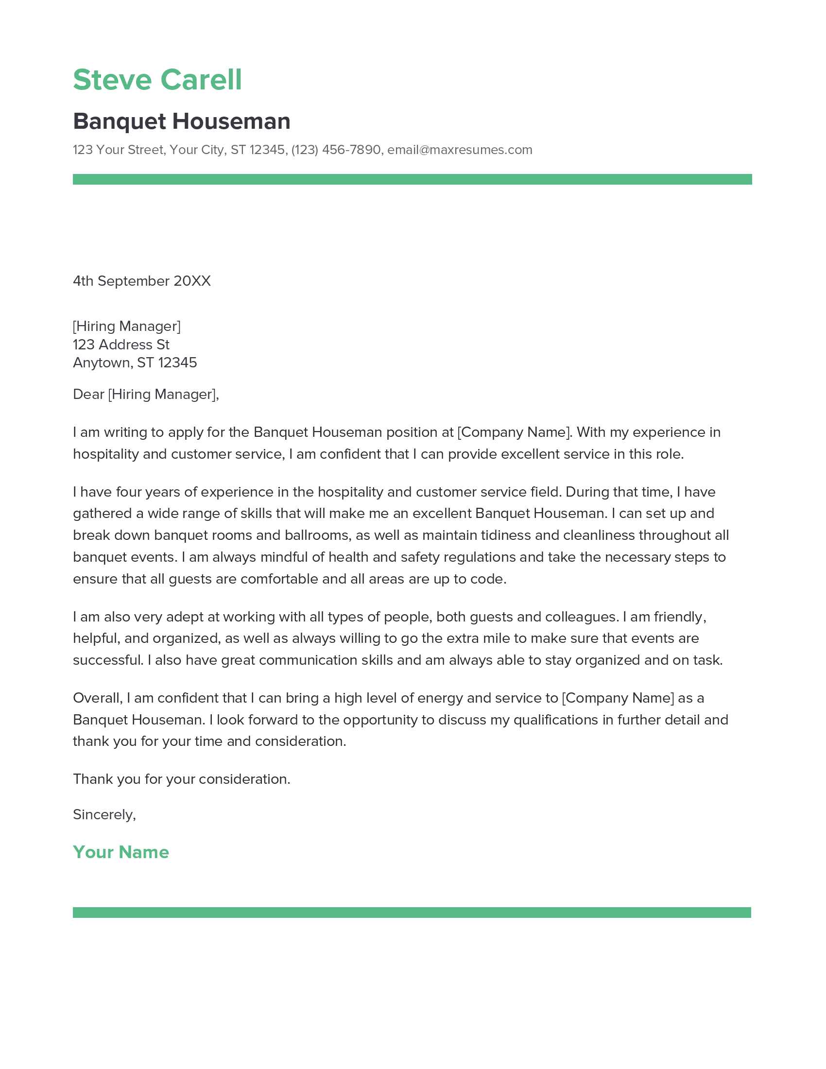 Banquet Houseman Cover Letter Example