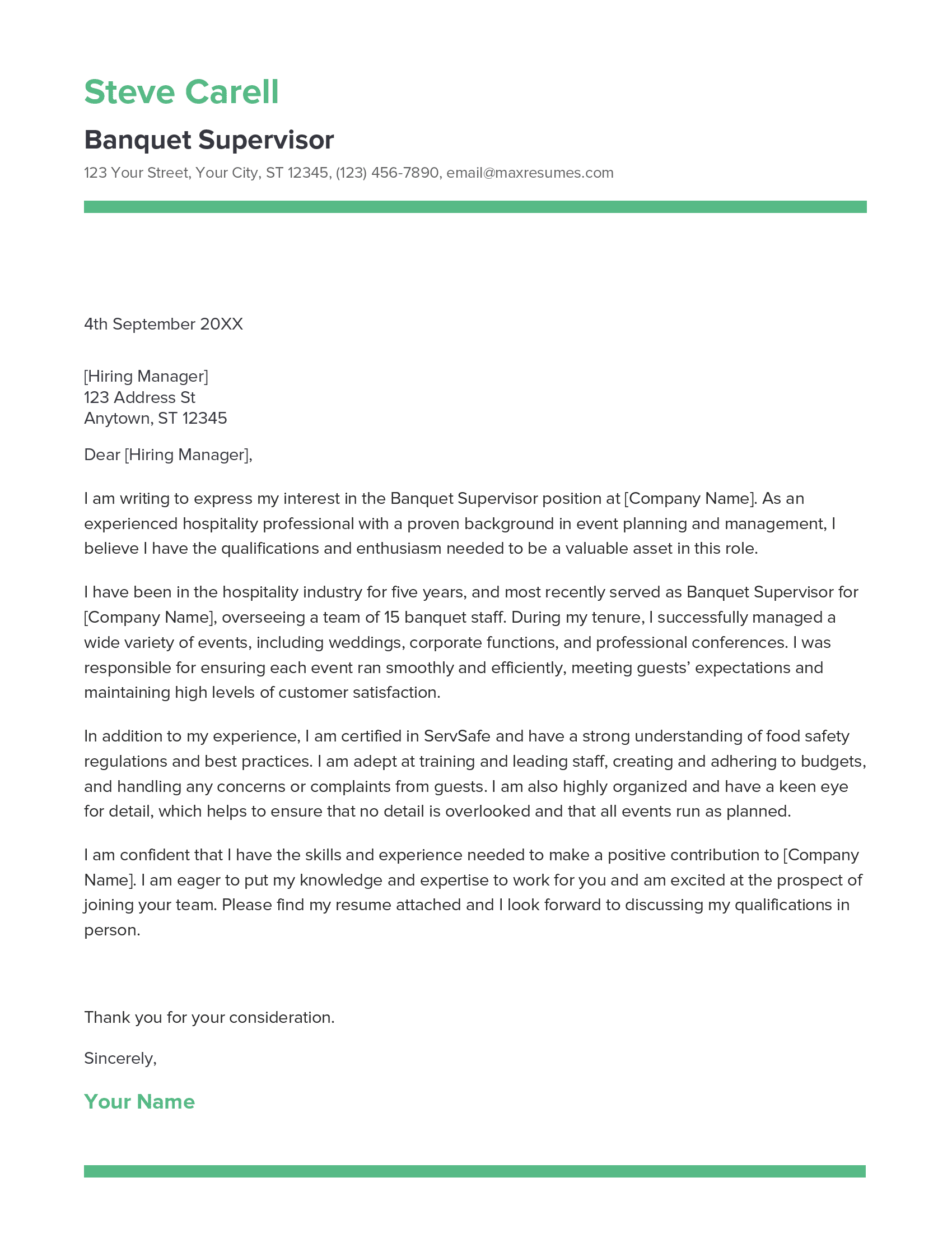 Banquet Supervisor Cover Letter Example