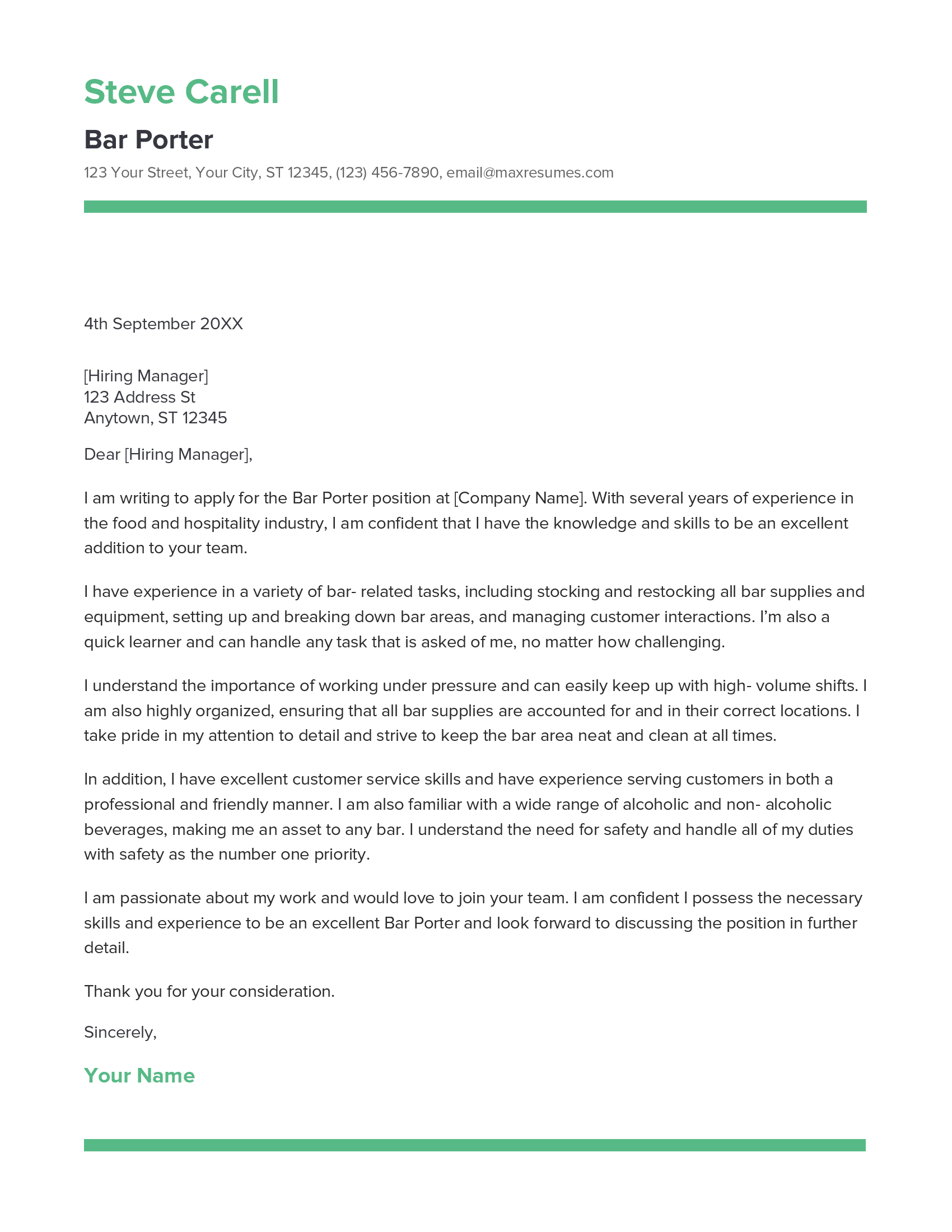 cover letter for a porter with no experience