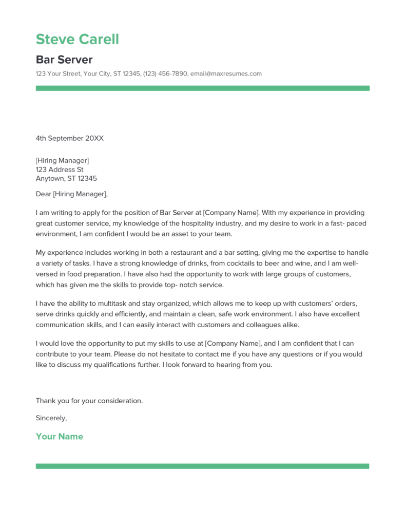 Best Bar Server Cover Letter Example for 2023