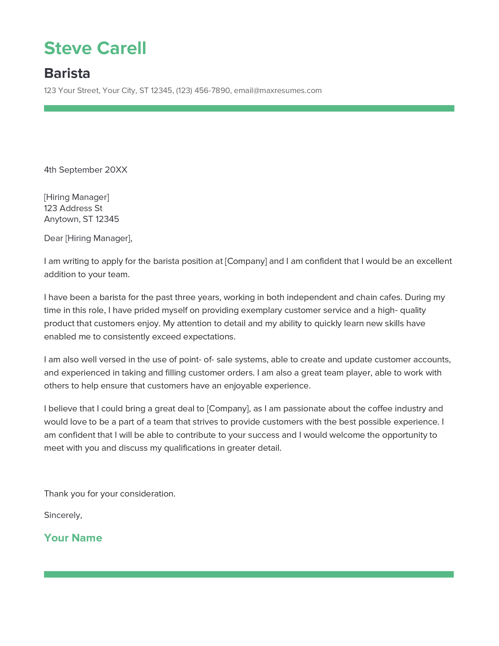 Barista Cover Letter Example