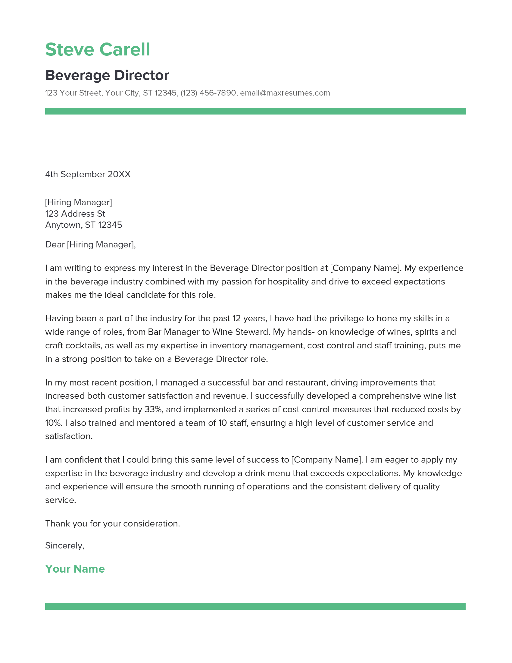 Beverage Director Cover Letter Example