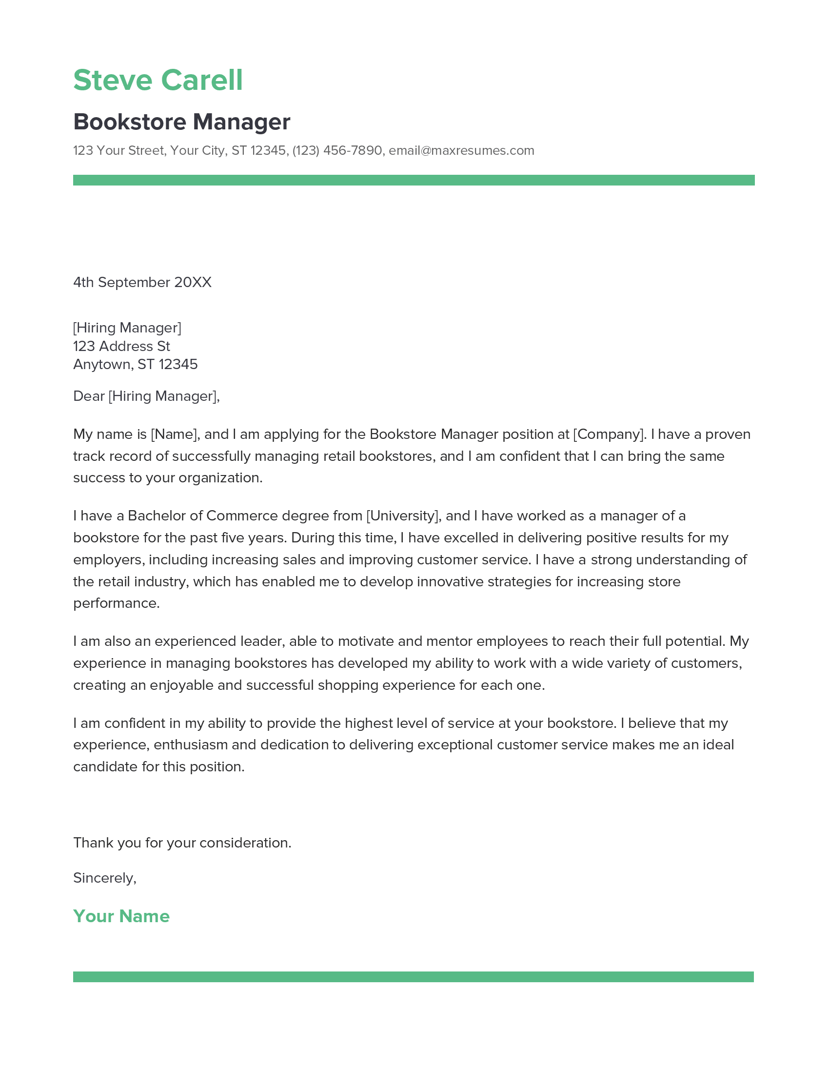 Bookstore Manager Cover Letter Example