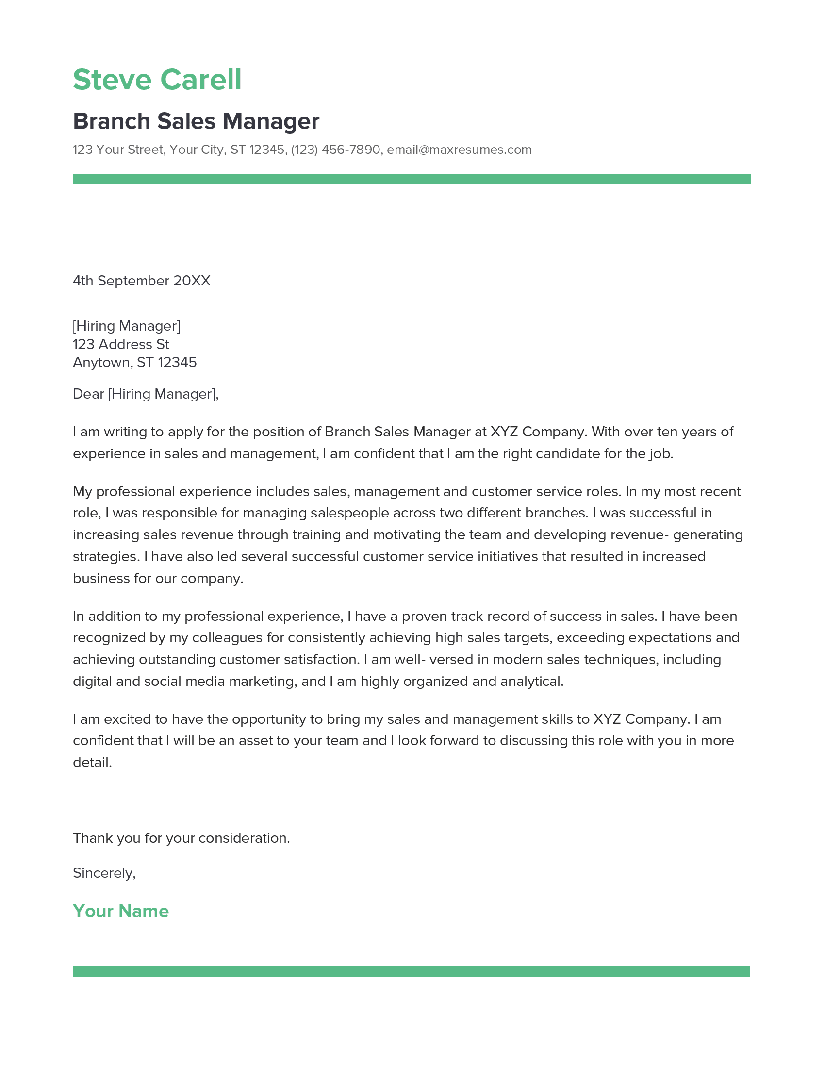 Branch Sales Manager Cover Letter Example