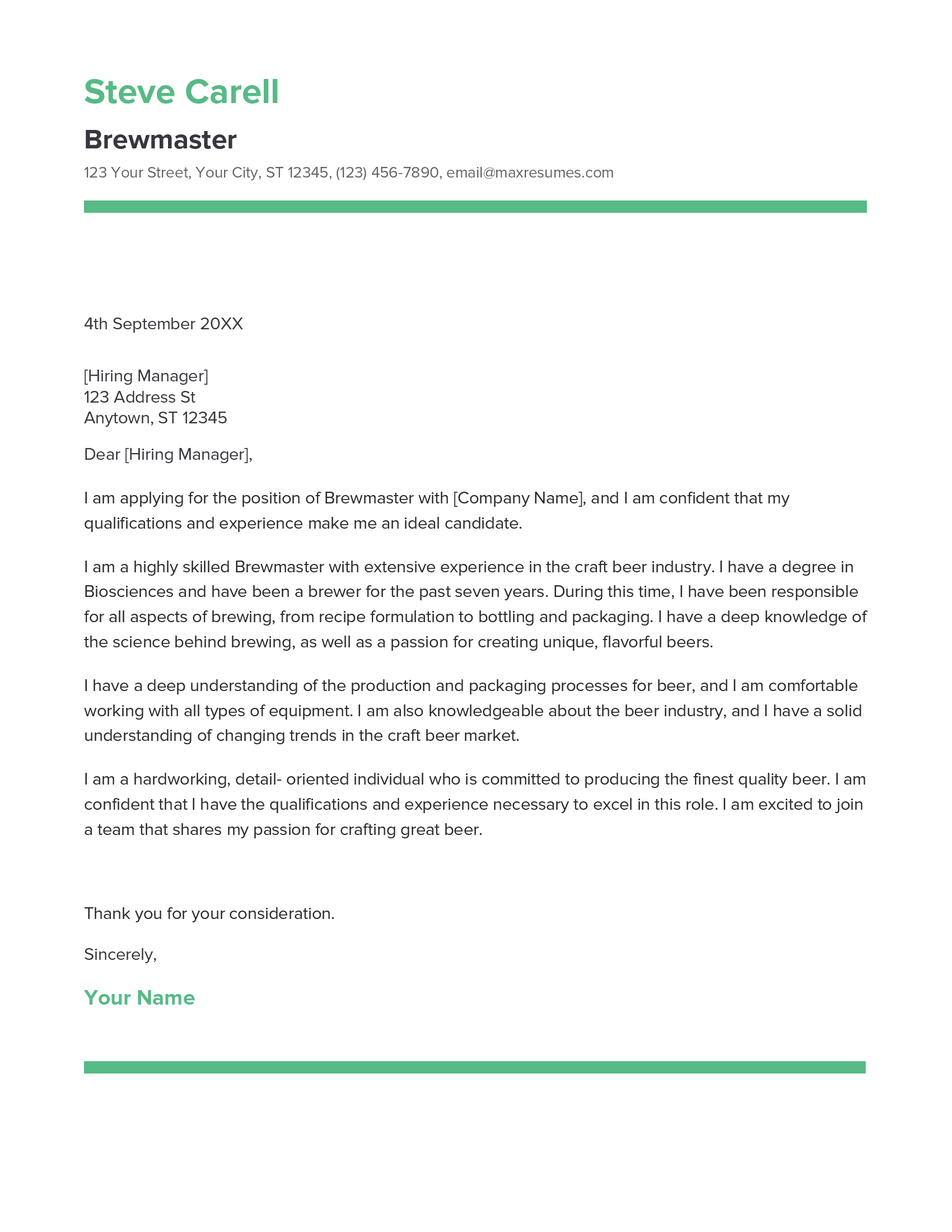 Brewmaster Cover Letter Example