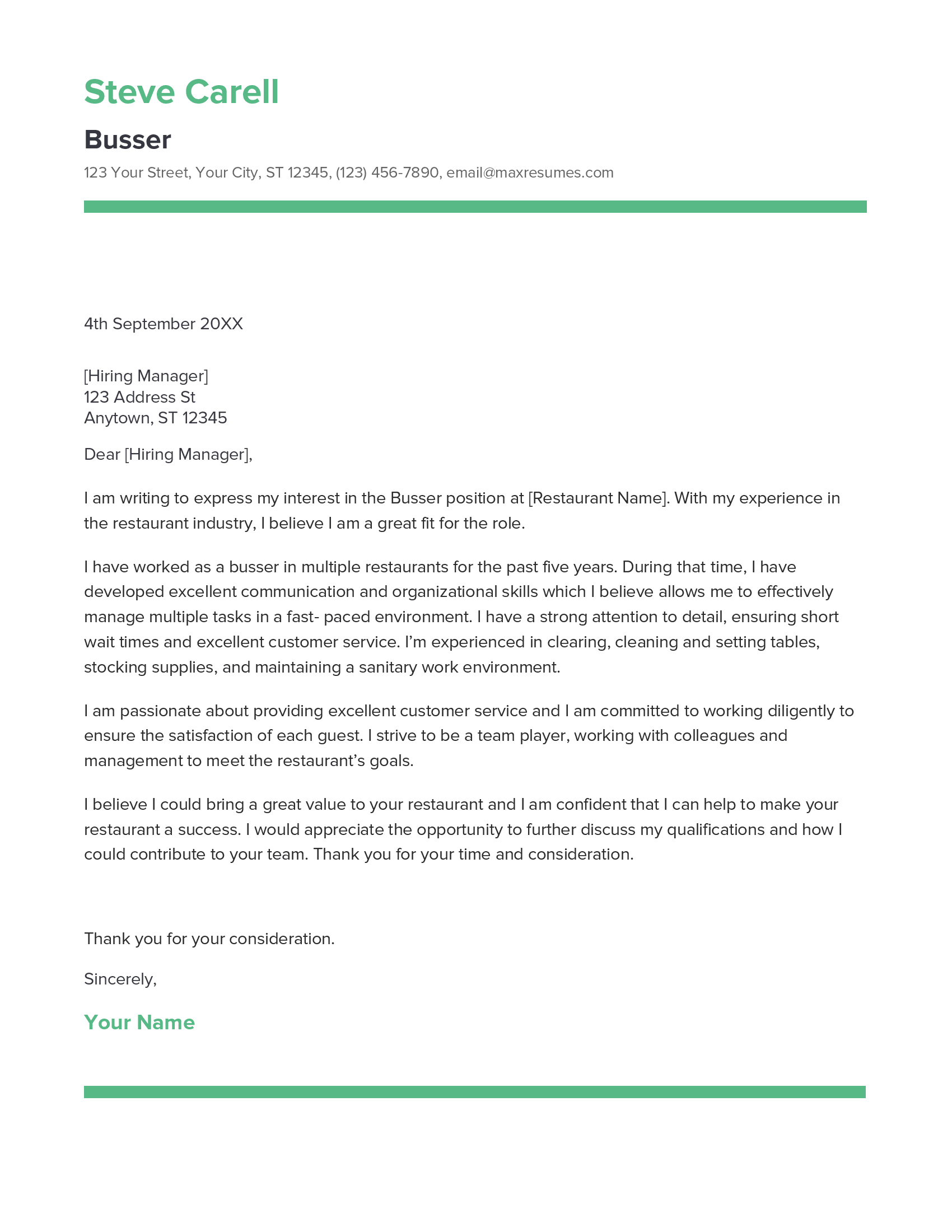Busser Cover Letter Example