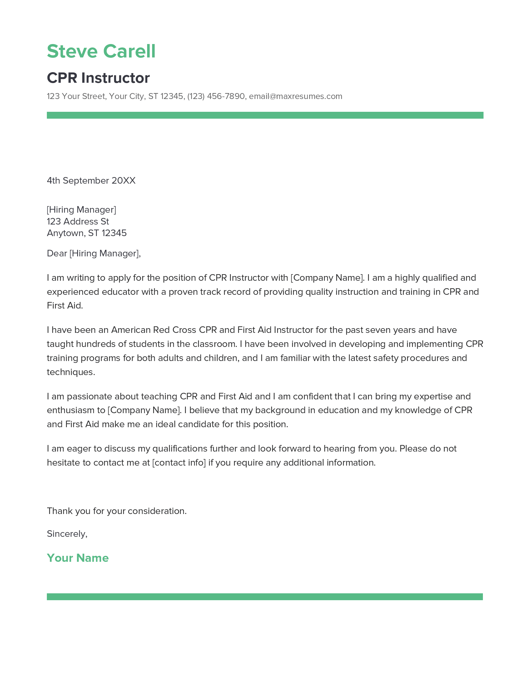 CPR Instructor Cover Letter Example