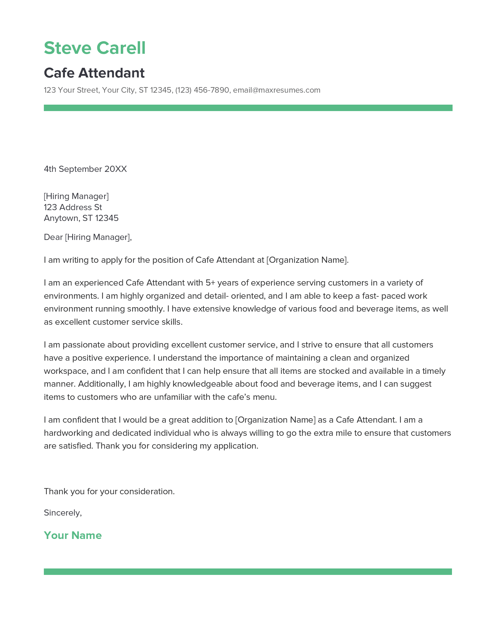 Cafe Attendant Cover Letter Example