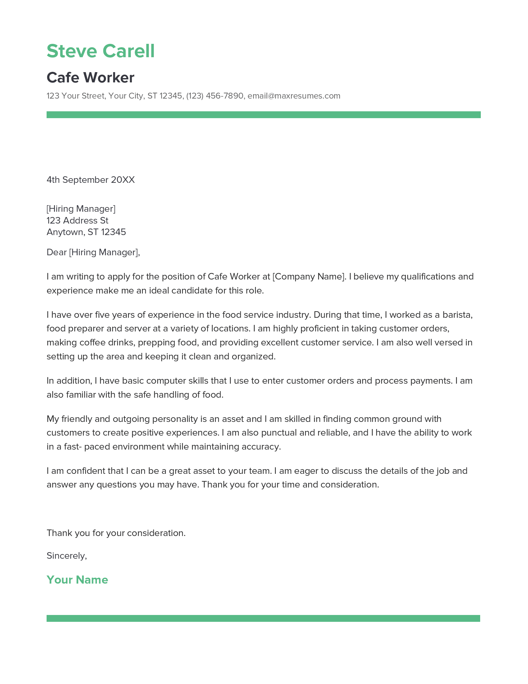 Cafe Worker Cover Letter Example