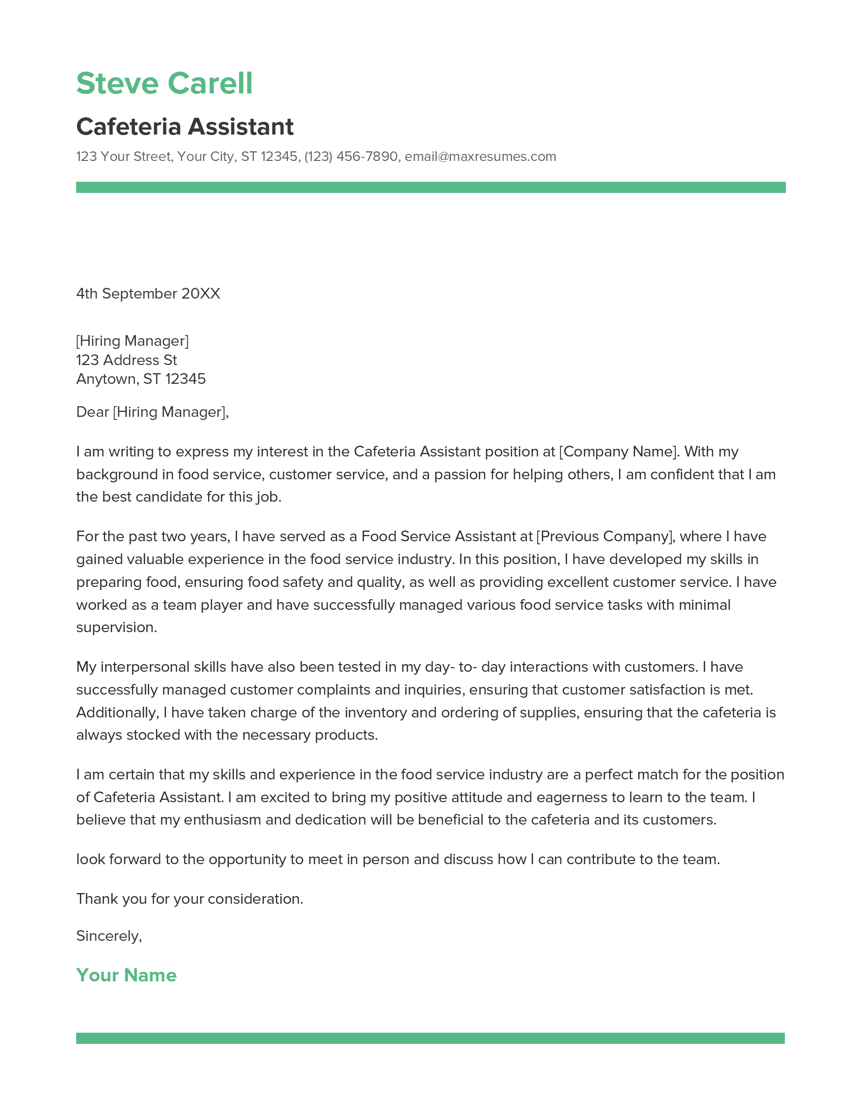 Cafeteria Assistant Cover Letter Example