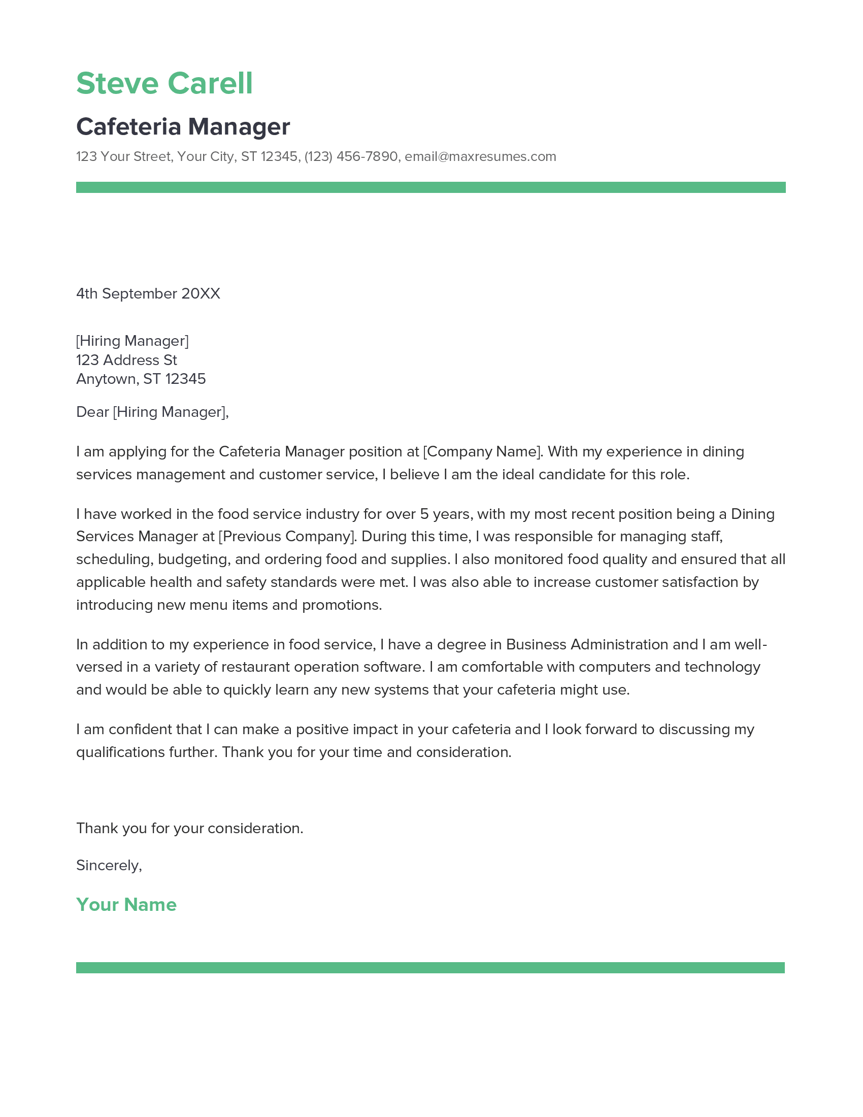 Cafeteria Manager Cover Letter Example