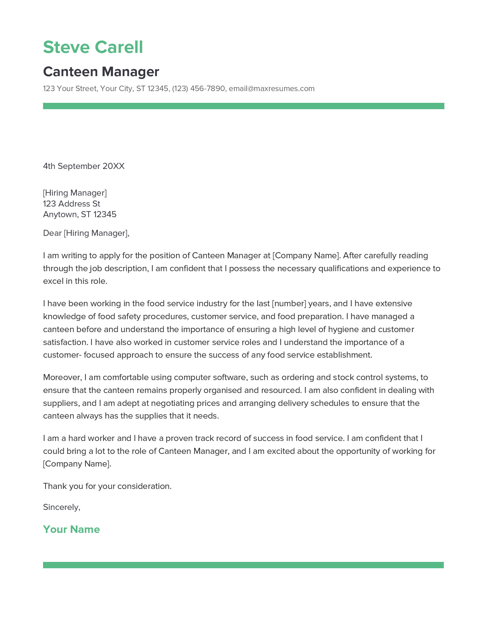 Canteen Manager Cover Letter Example