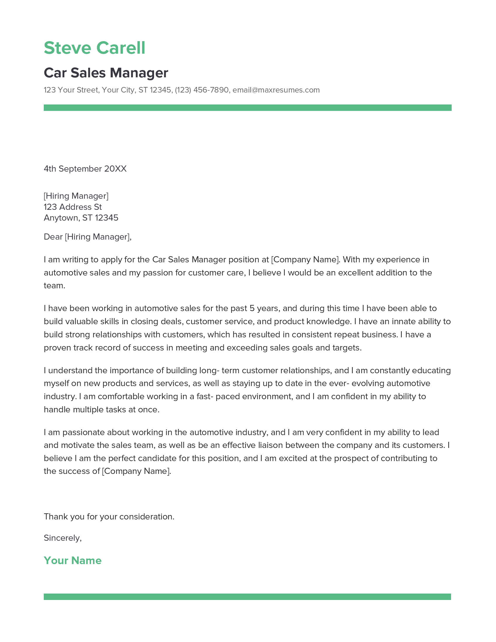 Car Sales Manager Cover Letter Example