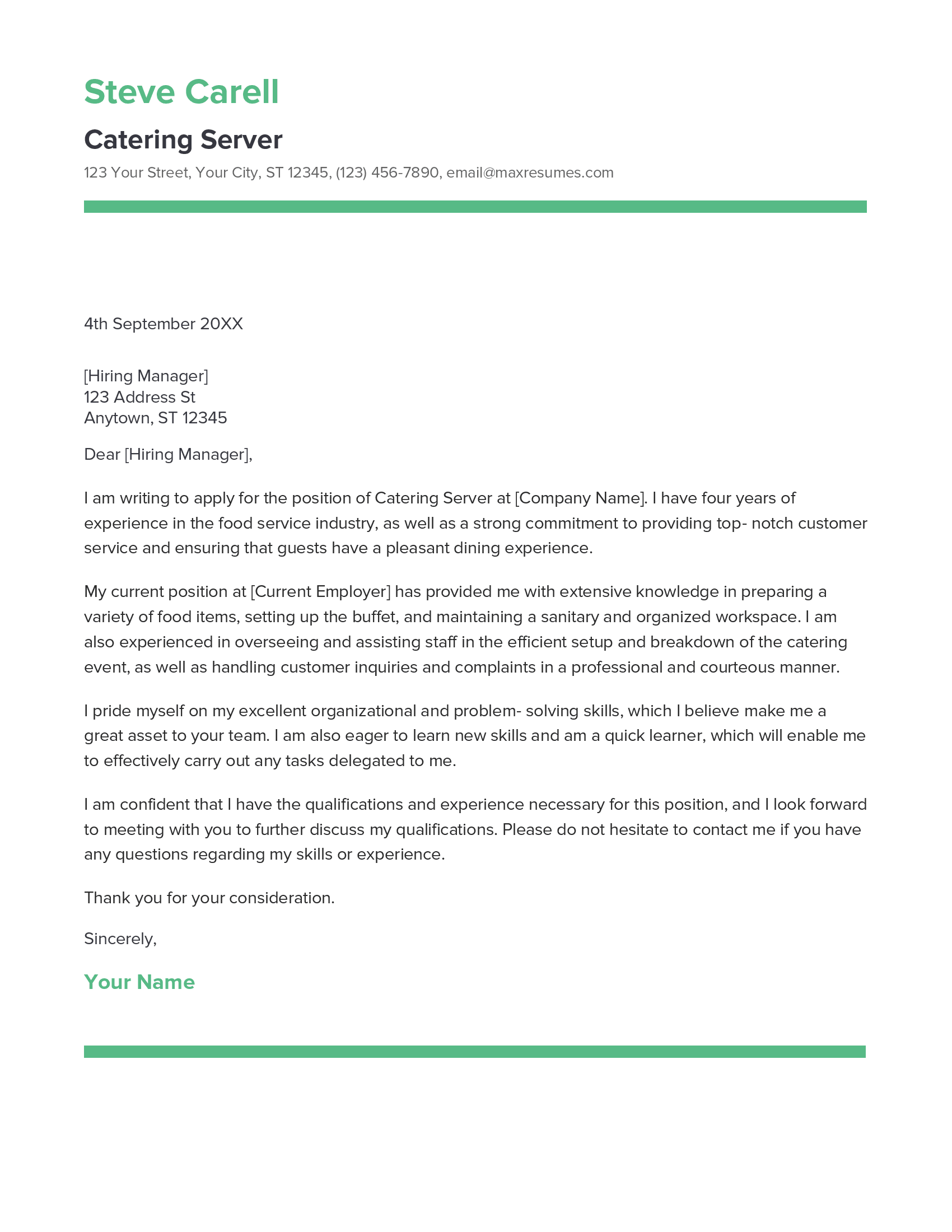 Catering Server Cover Letter Example