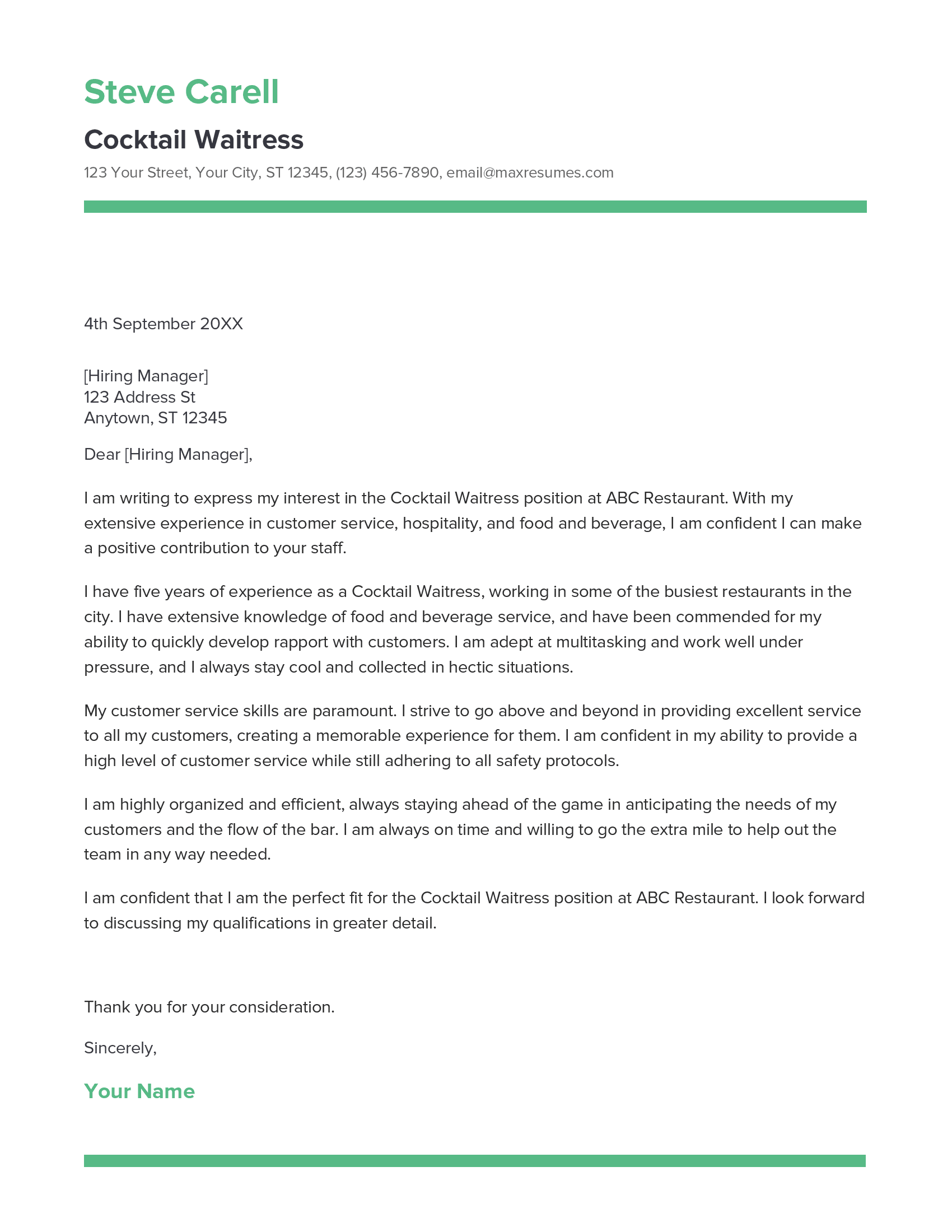 Cocktail Waitress Cover Letter Example