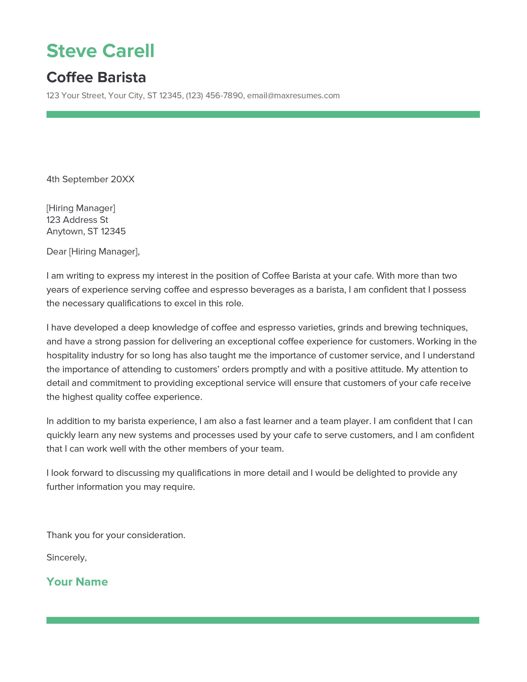 Coffee Barista Cover Letter Example