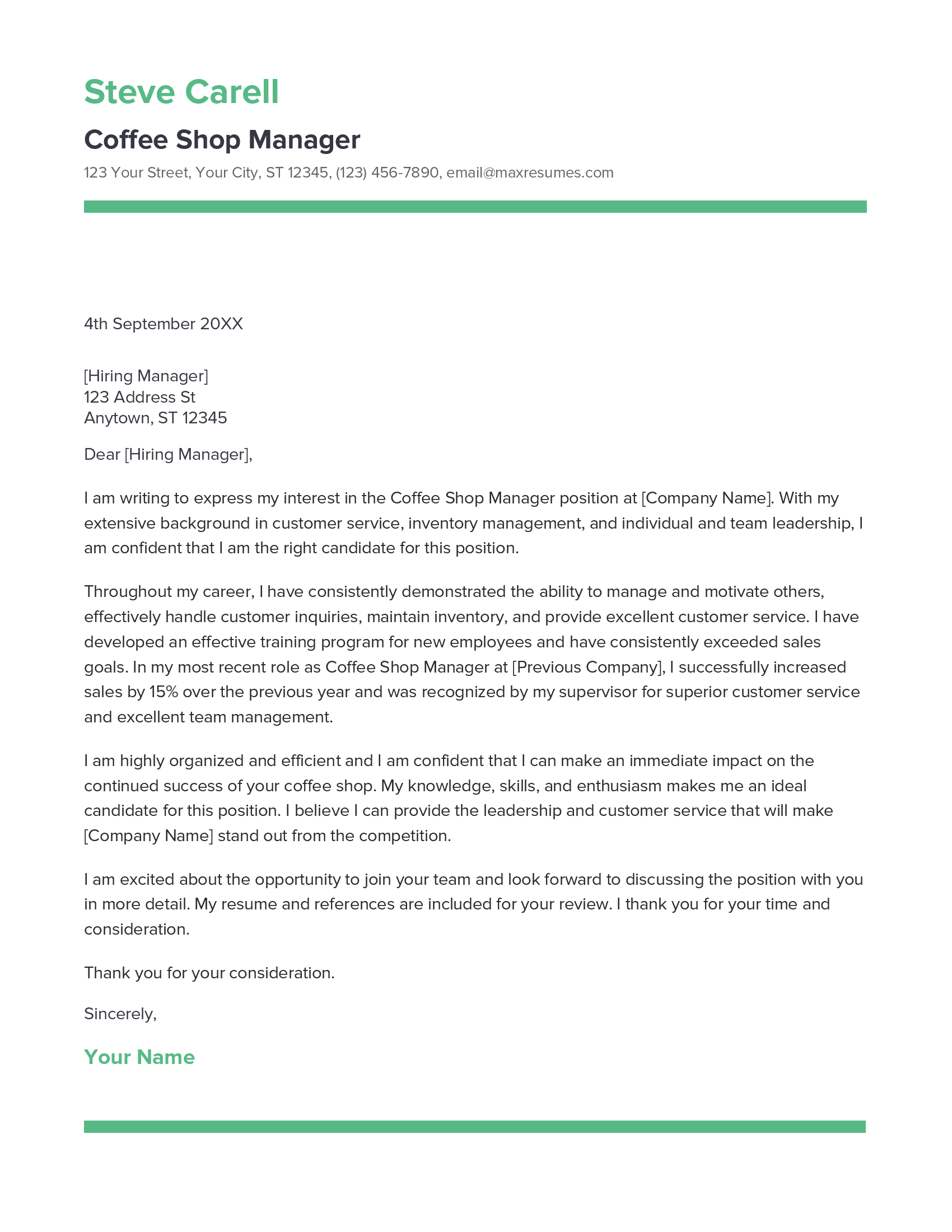 Coffee Shop Manager Cover Letter Example