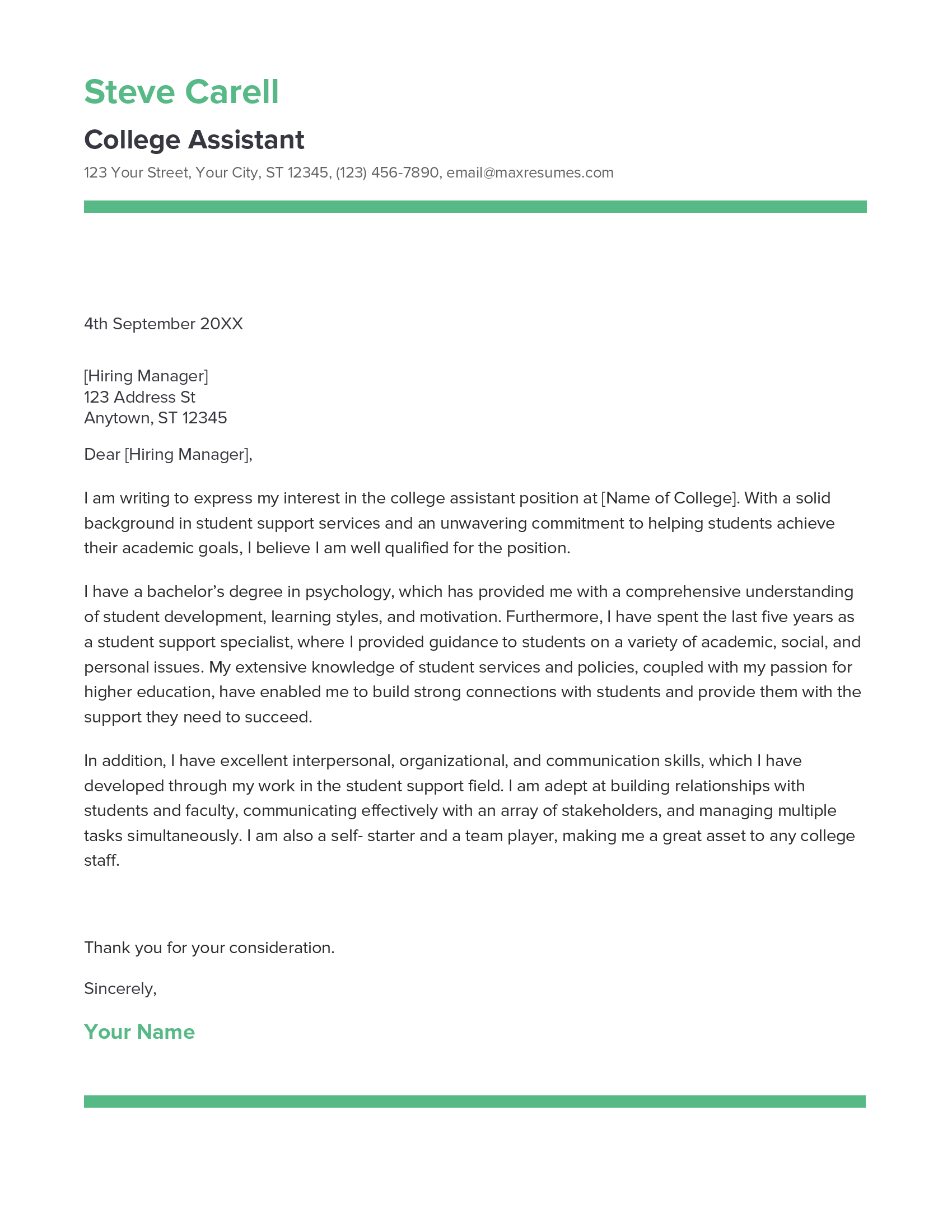 College Assistant Cover Letter Example