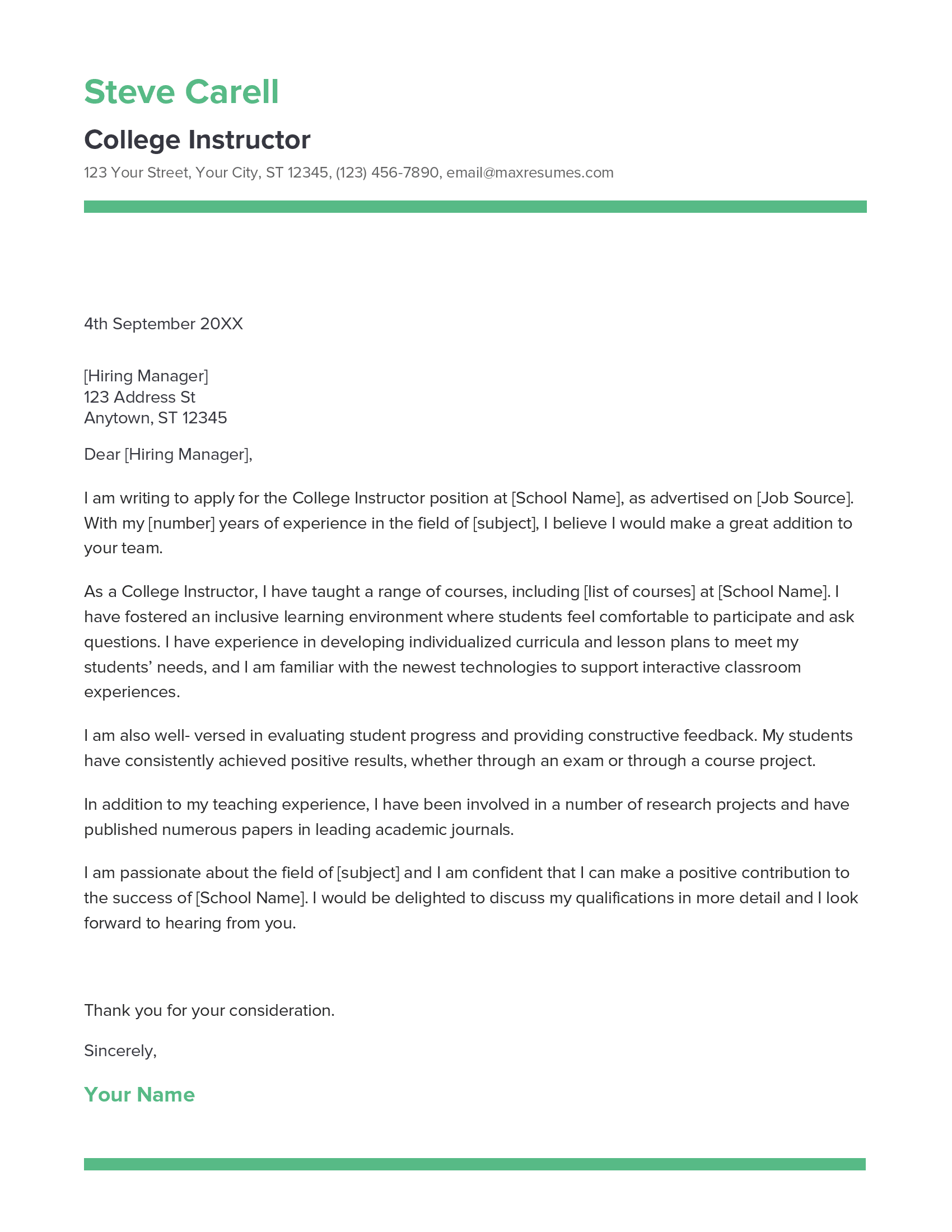 College Instructor Cover Letter Example