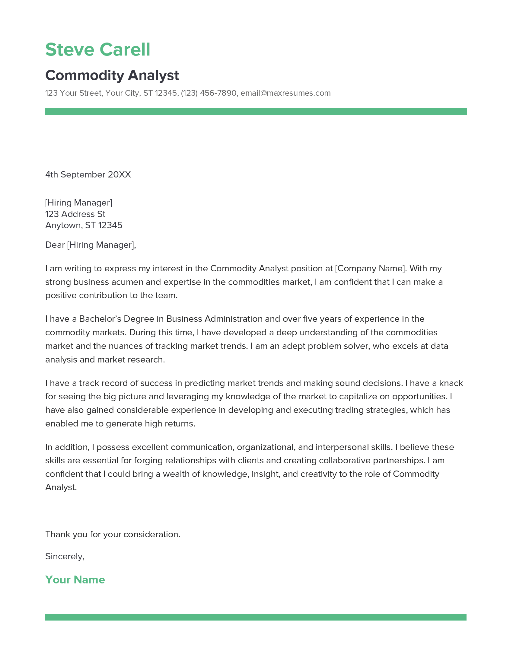 Commodity Analyst Cover Letter Example