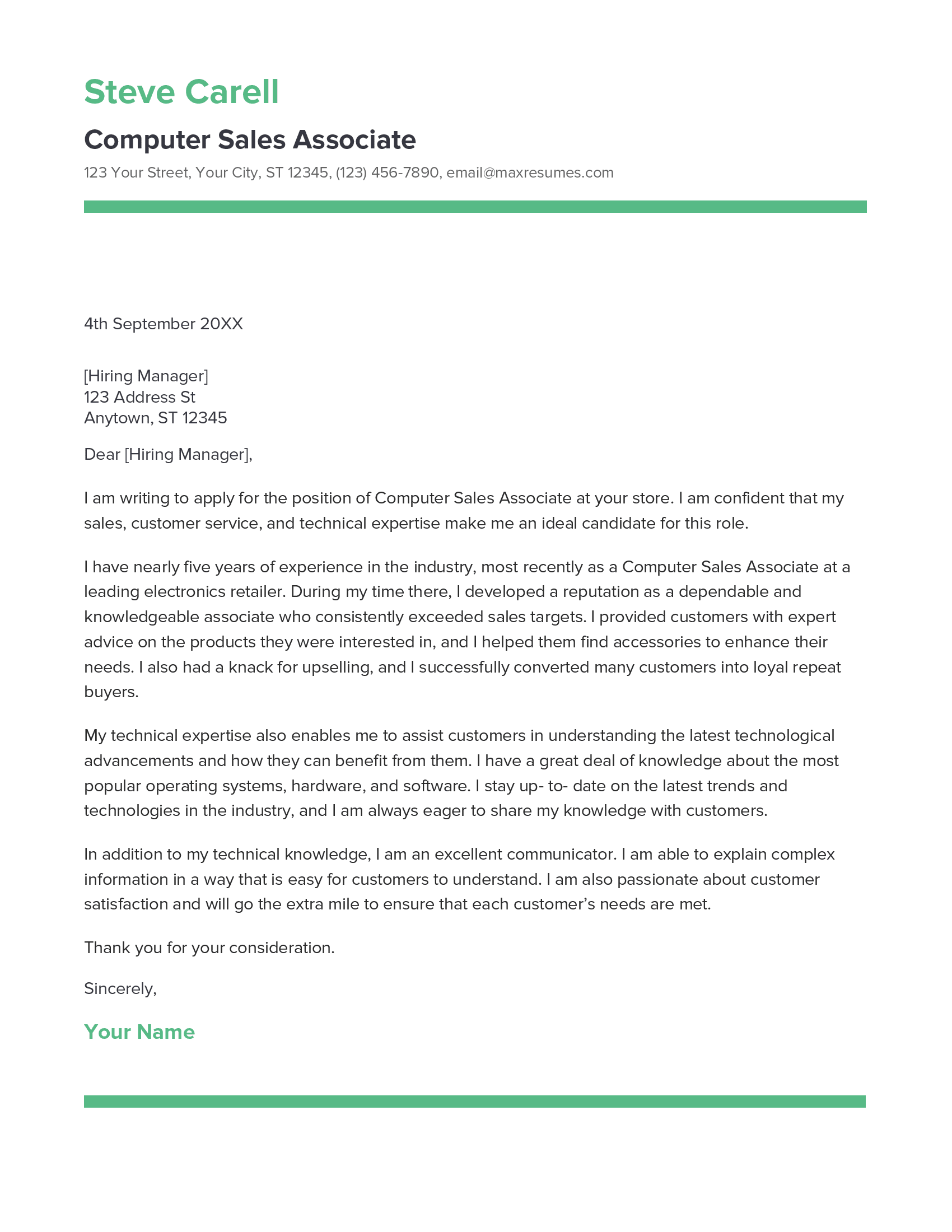 Computer Sales Associate Cover Letter Example