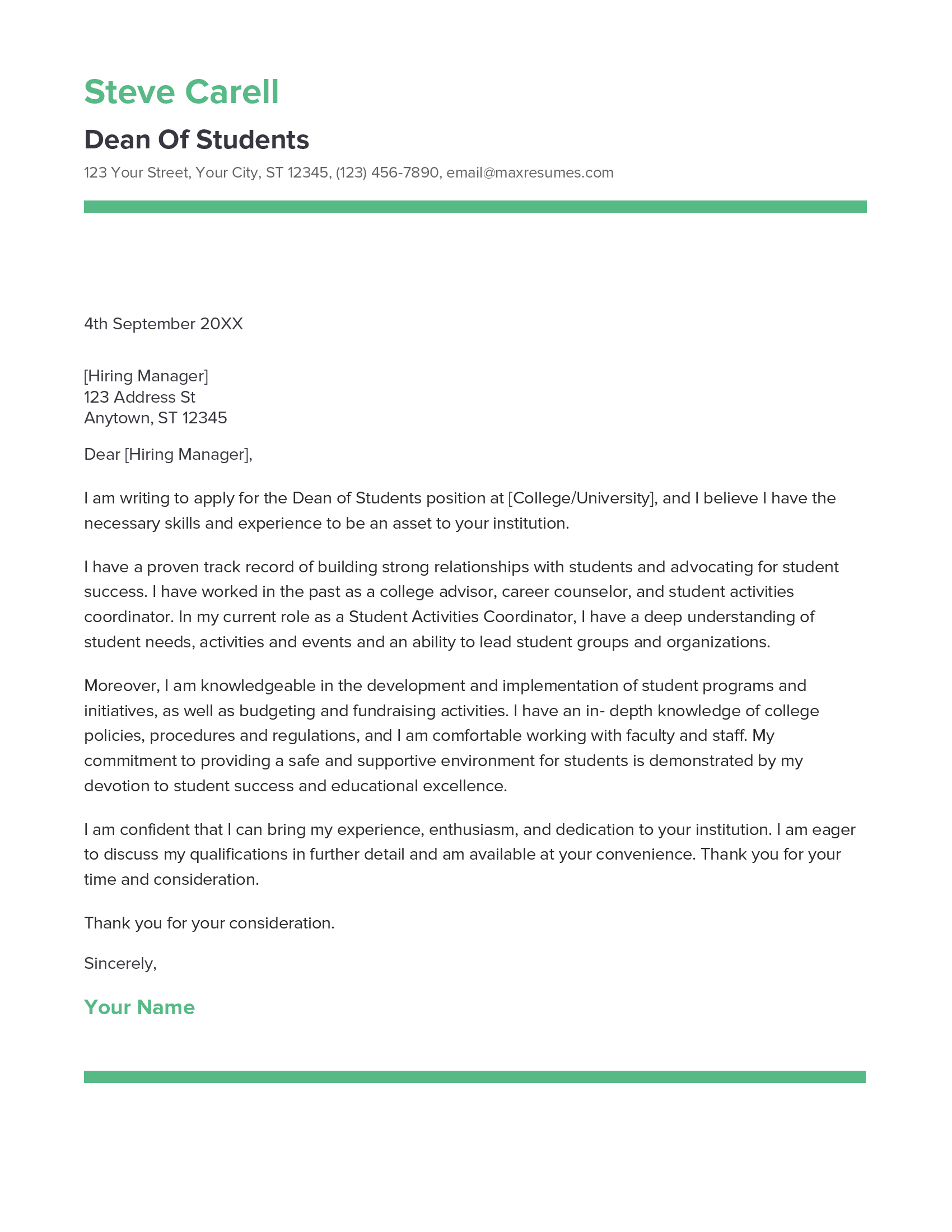 Dean Of Students Cover Letter Example