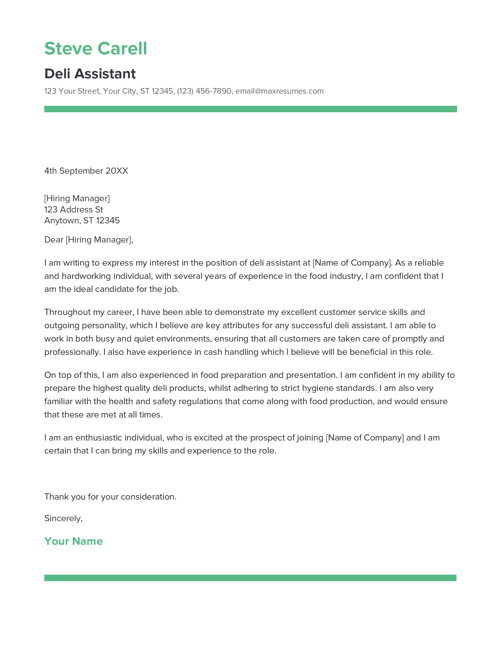 Deli Assistant Cover Letter Example