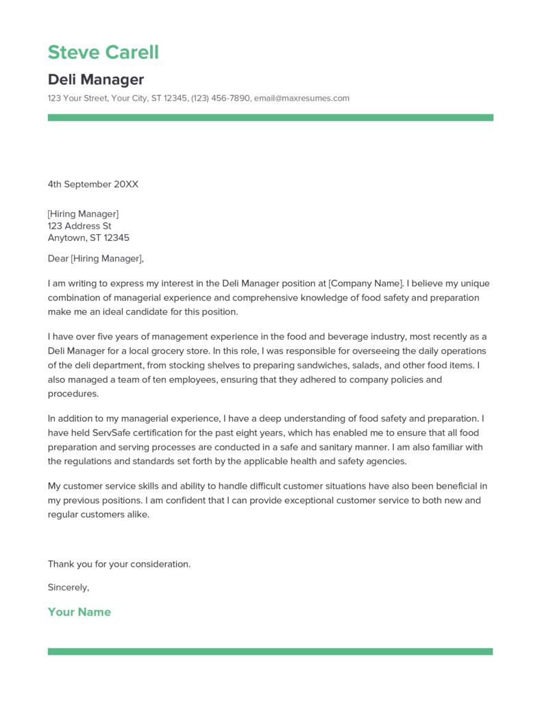 Best Deli Manager Cover Letter Example for 2023