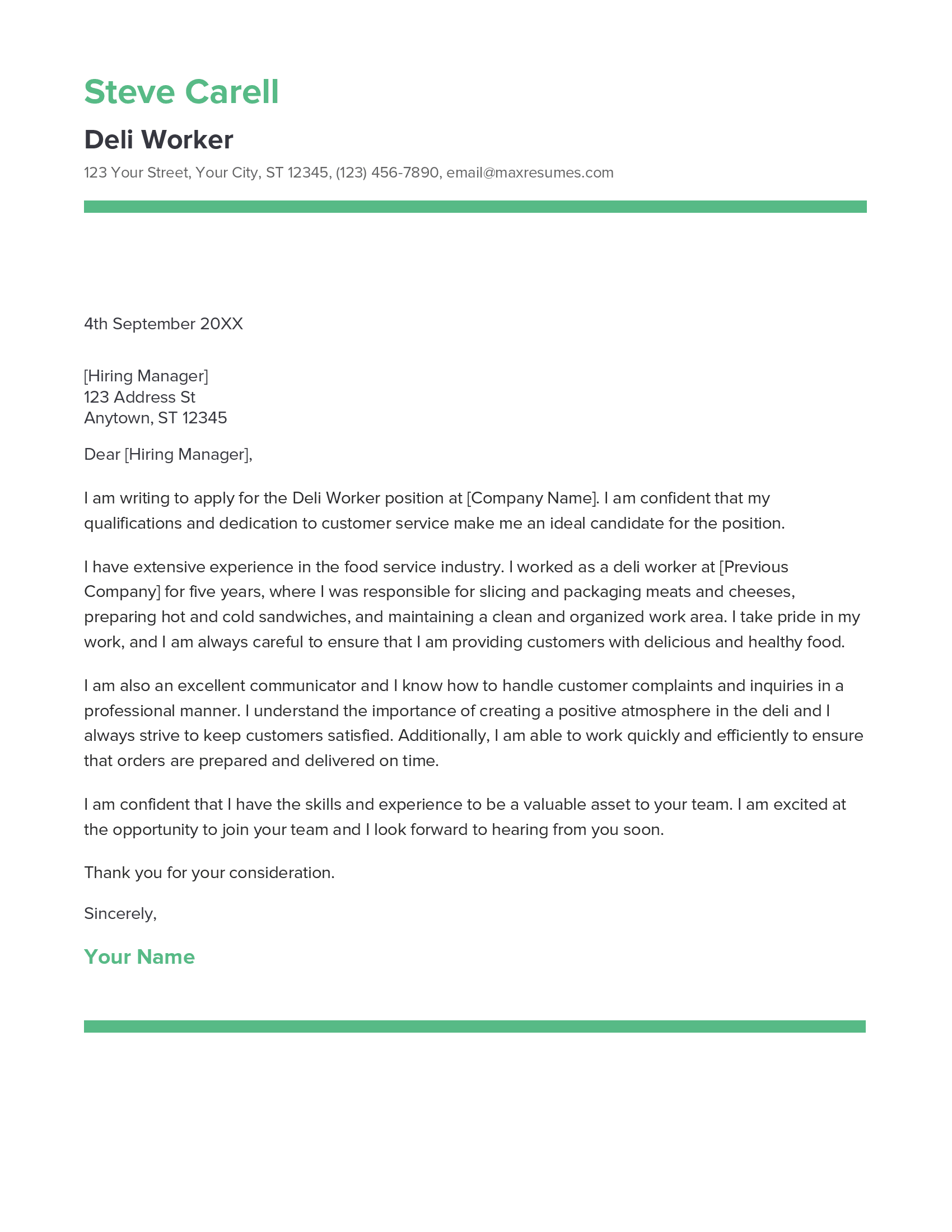 Deli Worker Cover Letter Example