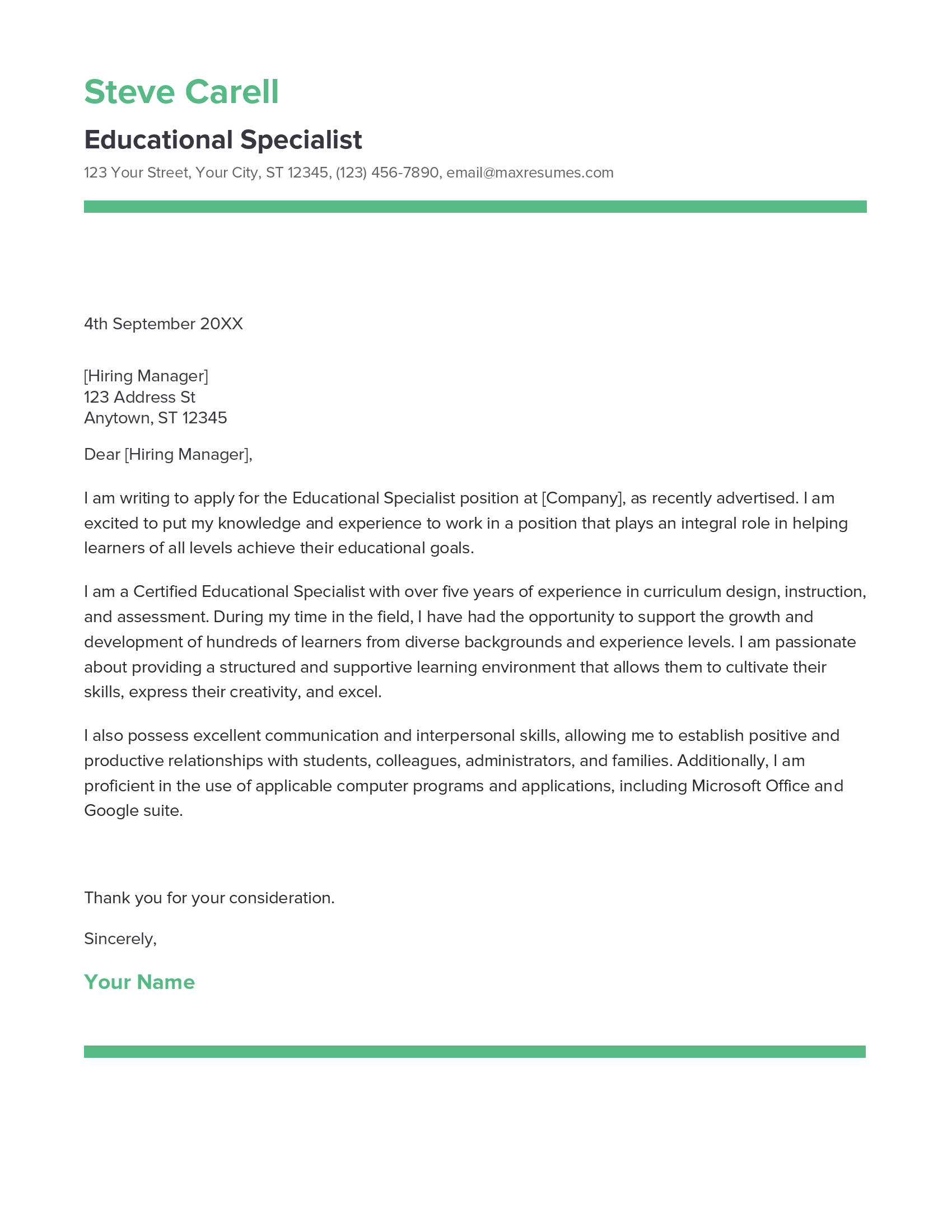 Educational Specialist Cover Letter Example