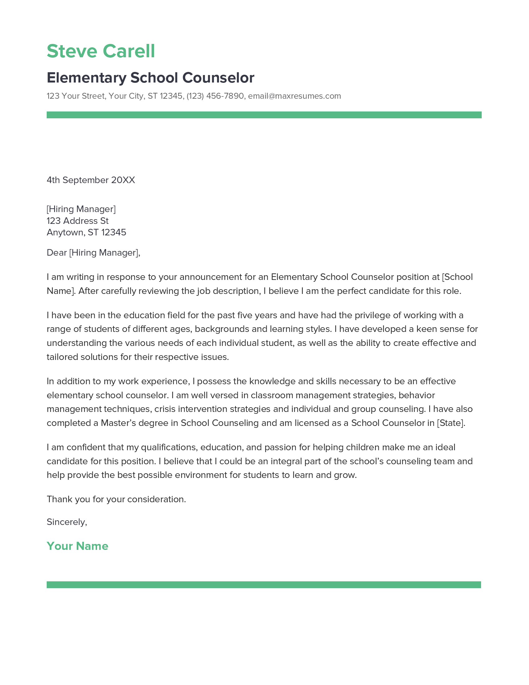 Elementary School Counselor Cover Letter Example
