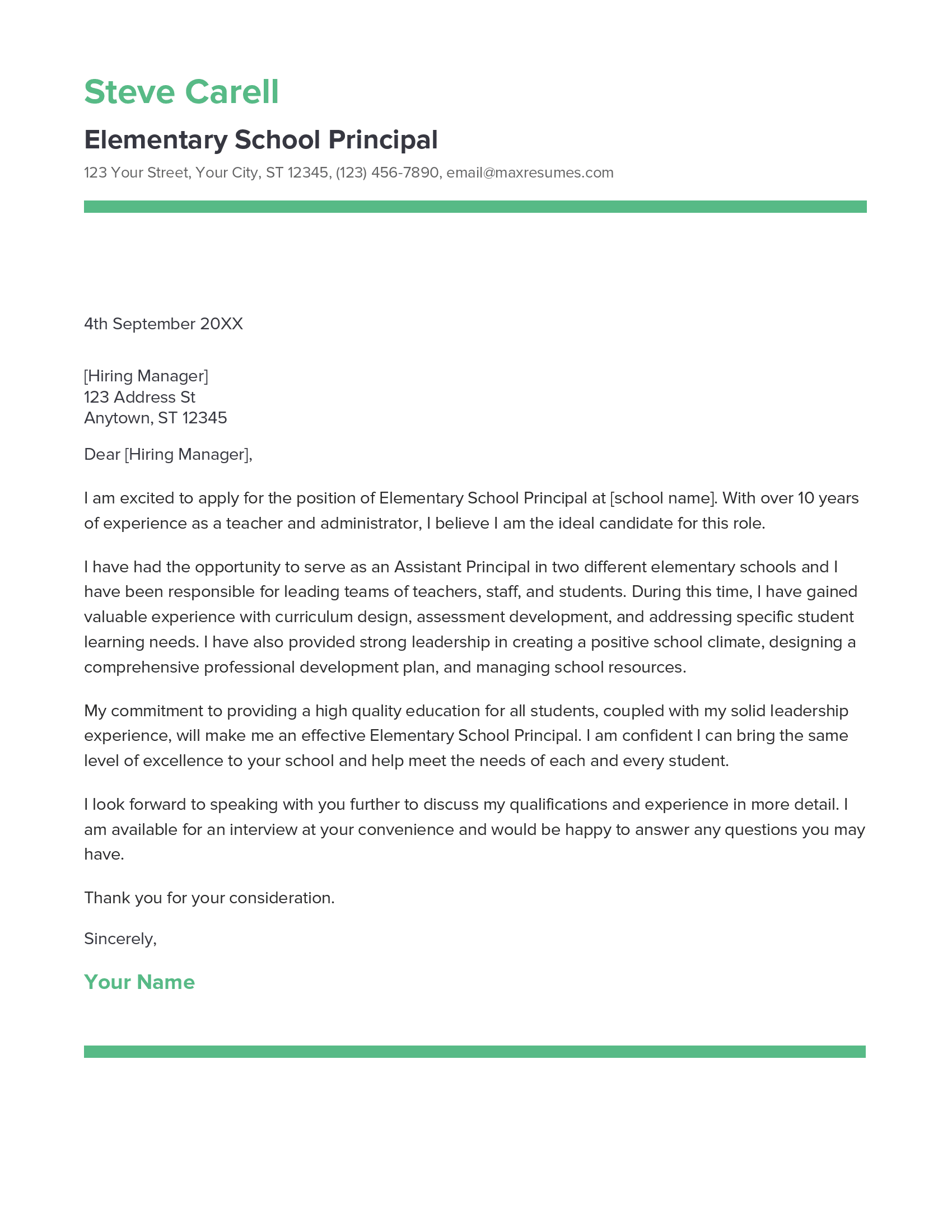 Elementary School Principal Cover Letter Example