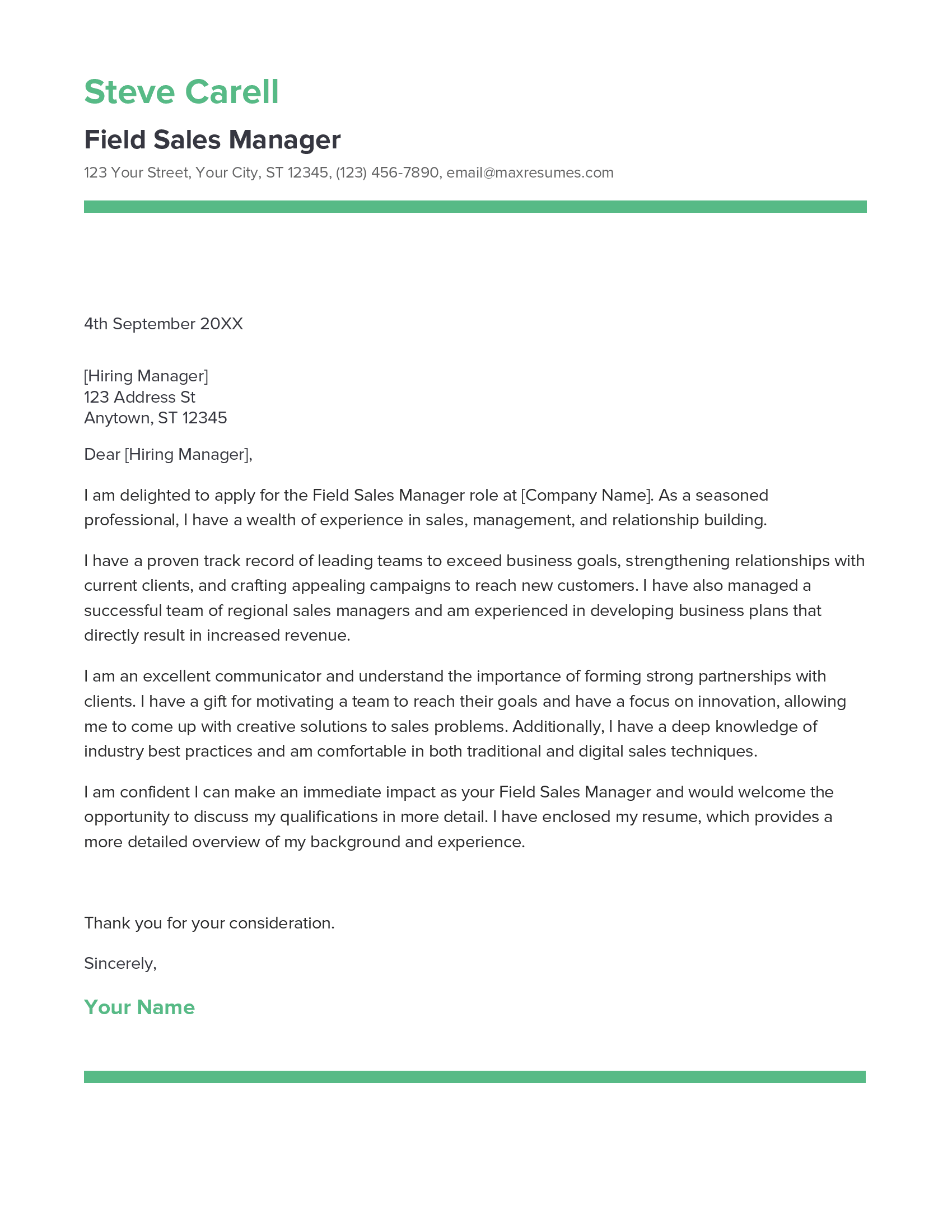 Field Sales Manager Cover Letter Example