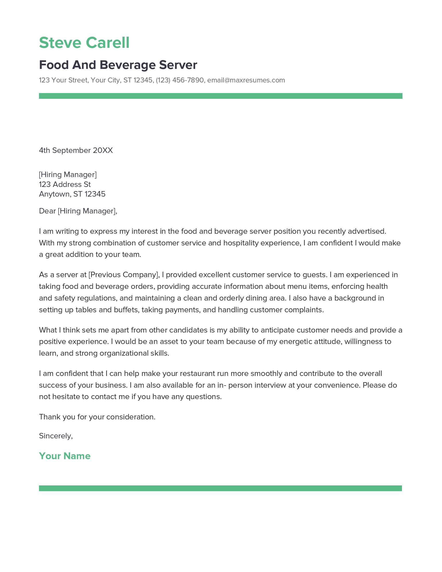 Food And Beverage Server Cover Letter Example
