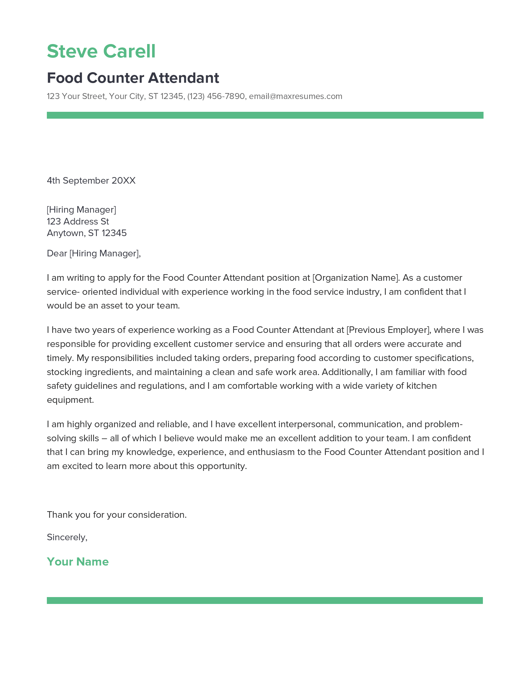 Food Counter Attendant Cover Letter Example