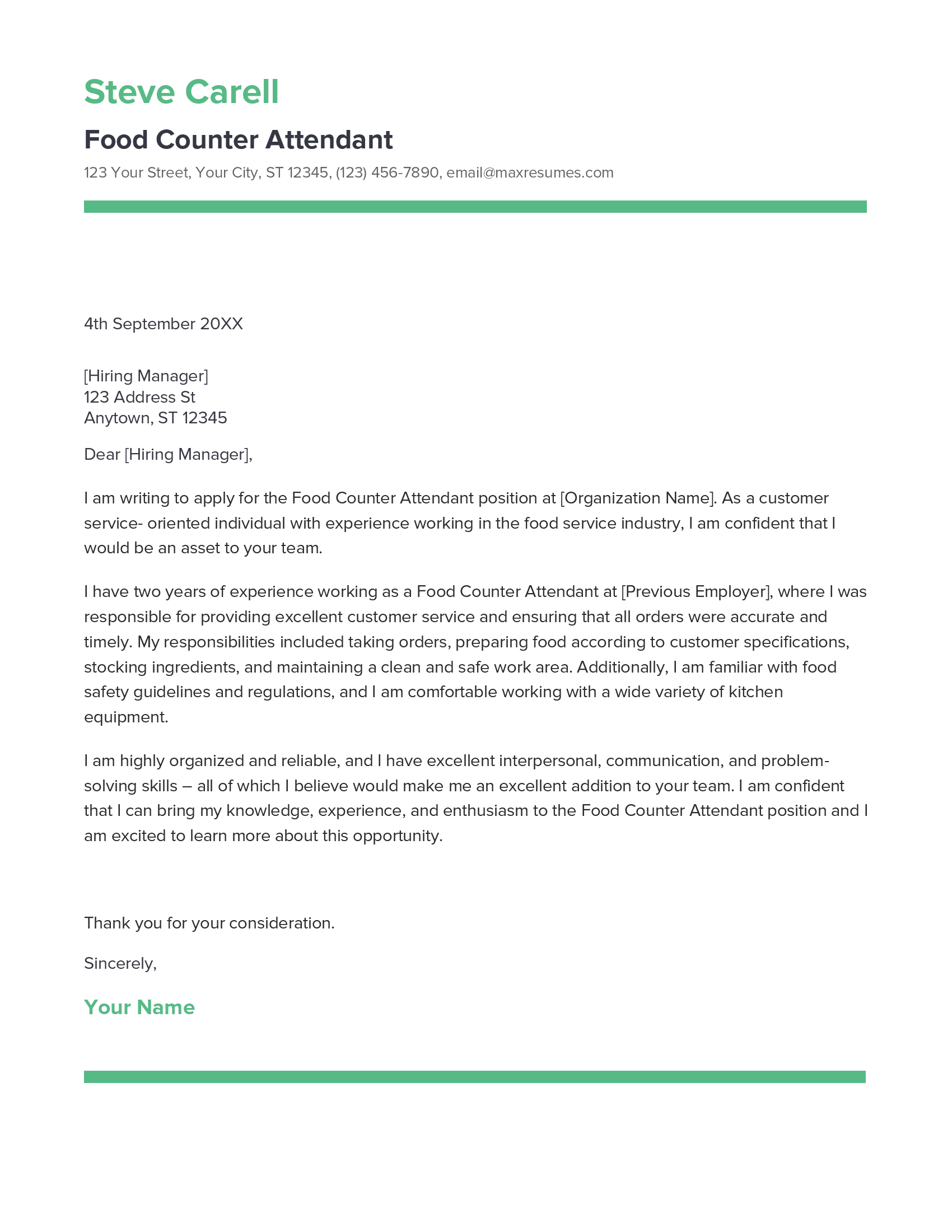 Best Food Counter Attendant Cover Letter Example For 2023