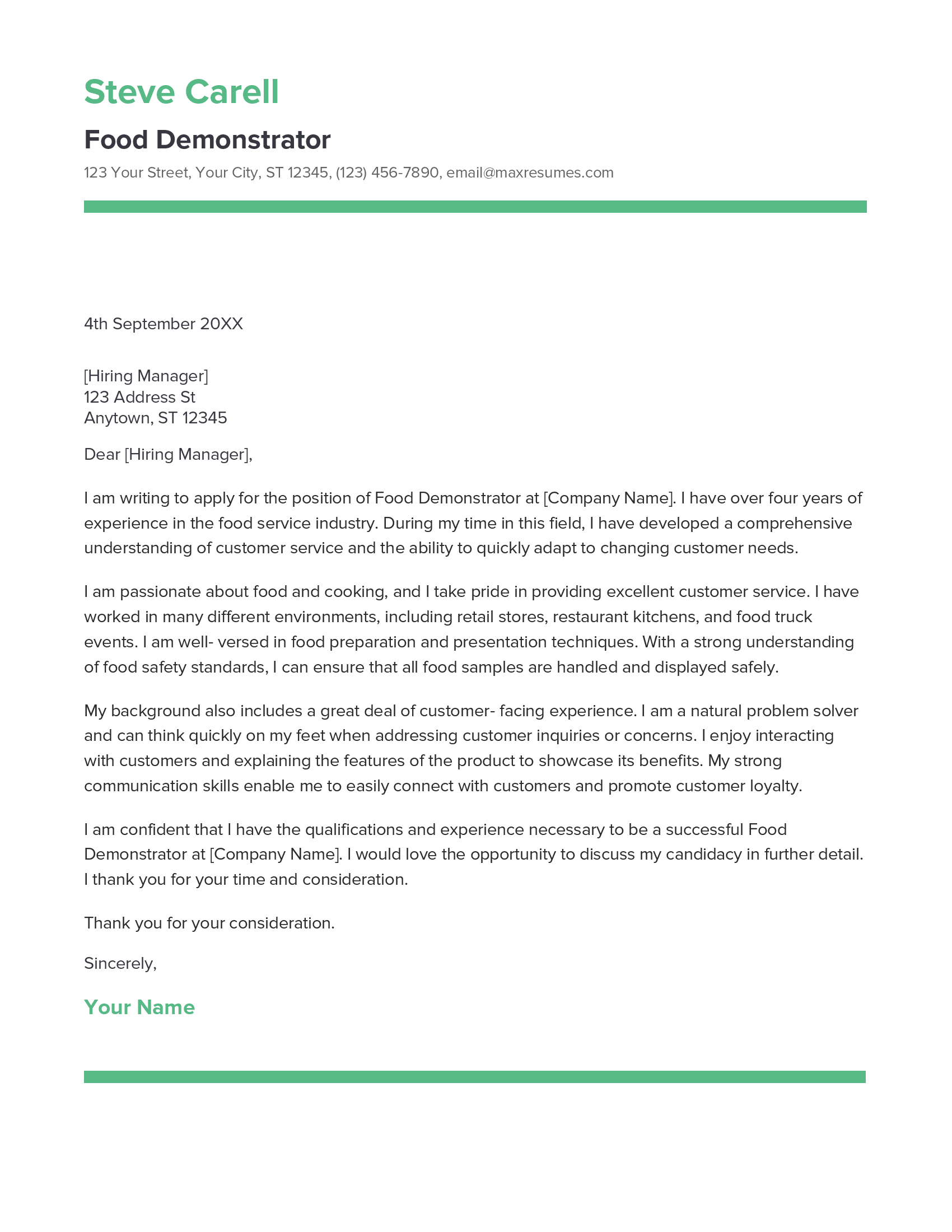 Food Demonstrator Cover Letter Example